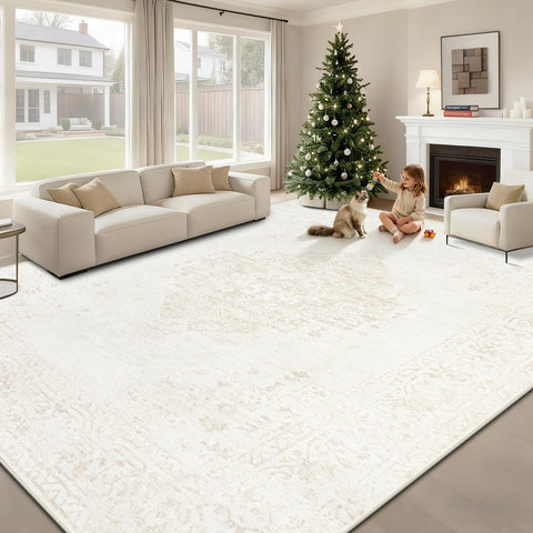 TENGTENGLINK 8x10 beige rug full living room view, cozy underfoot.