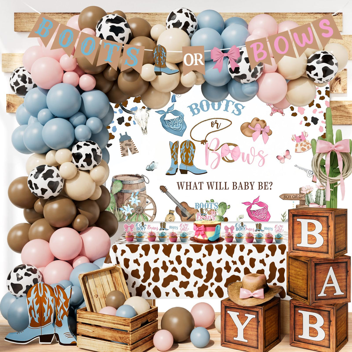 Tenshun boots-or-bows backdrop for a western gender reveal photo wall