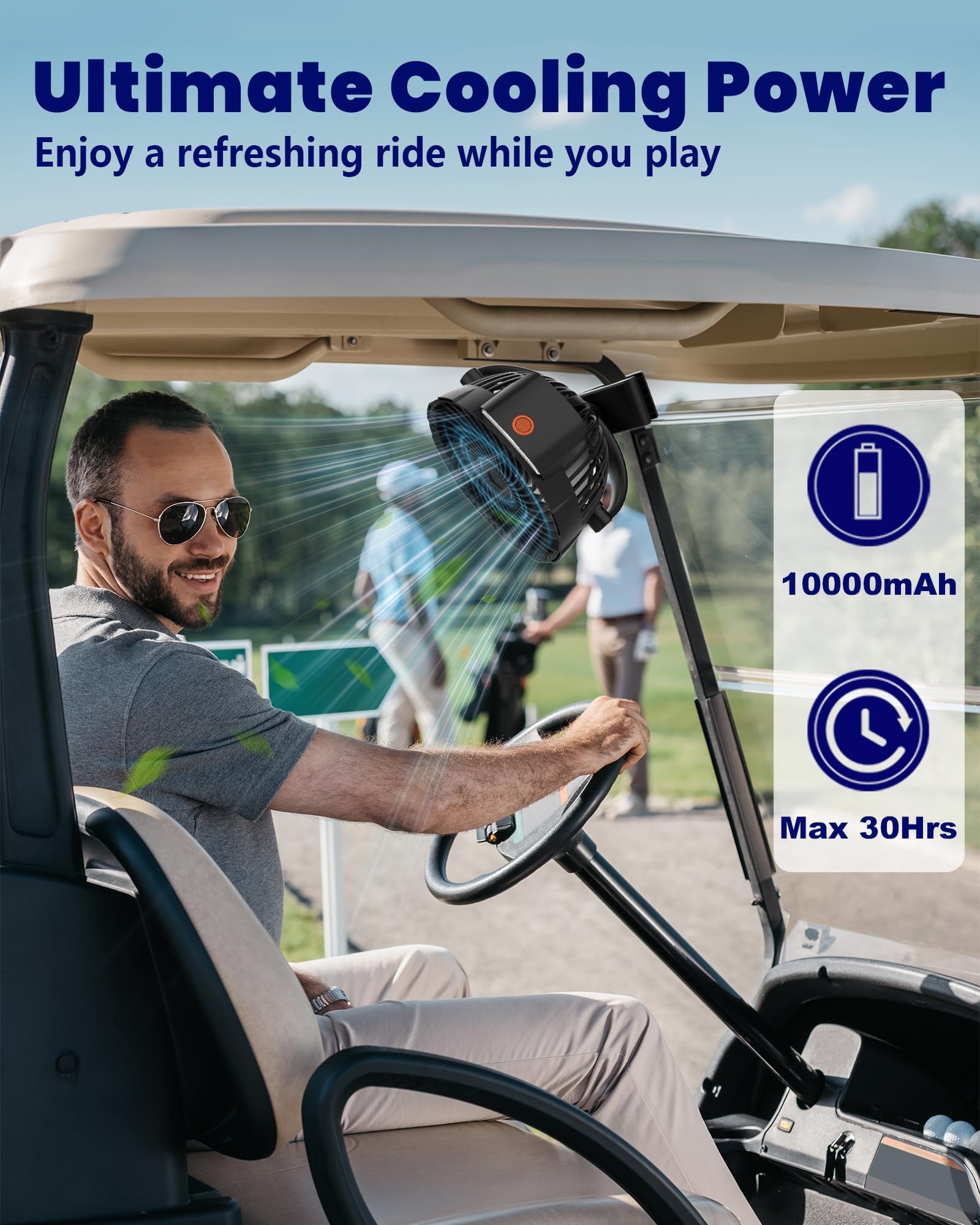 Tenvolti golf-cart clip-on fan provides powerful airflow during outdoor rides