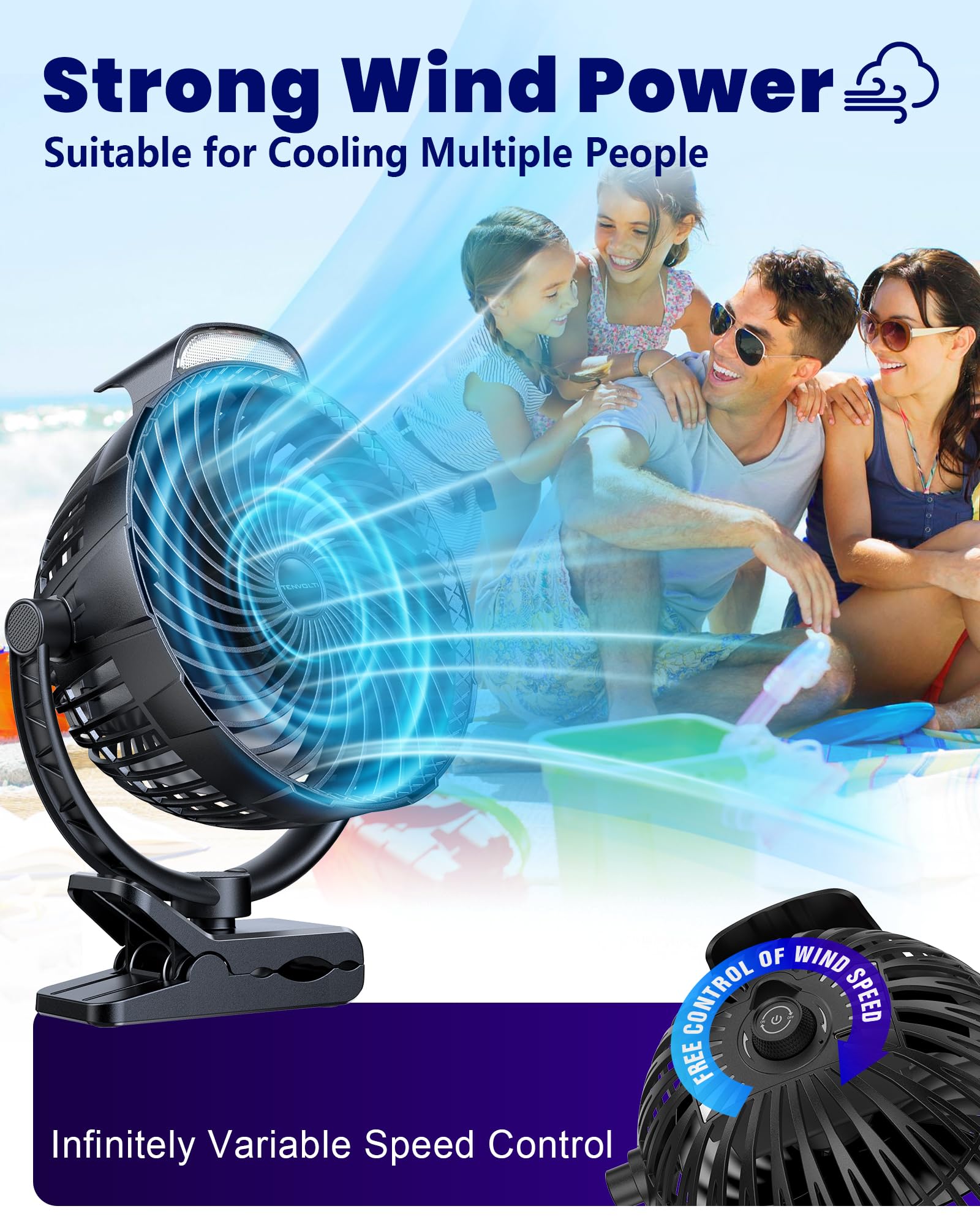 Tenvolti long battery-life fan lasts through long days outdoors