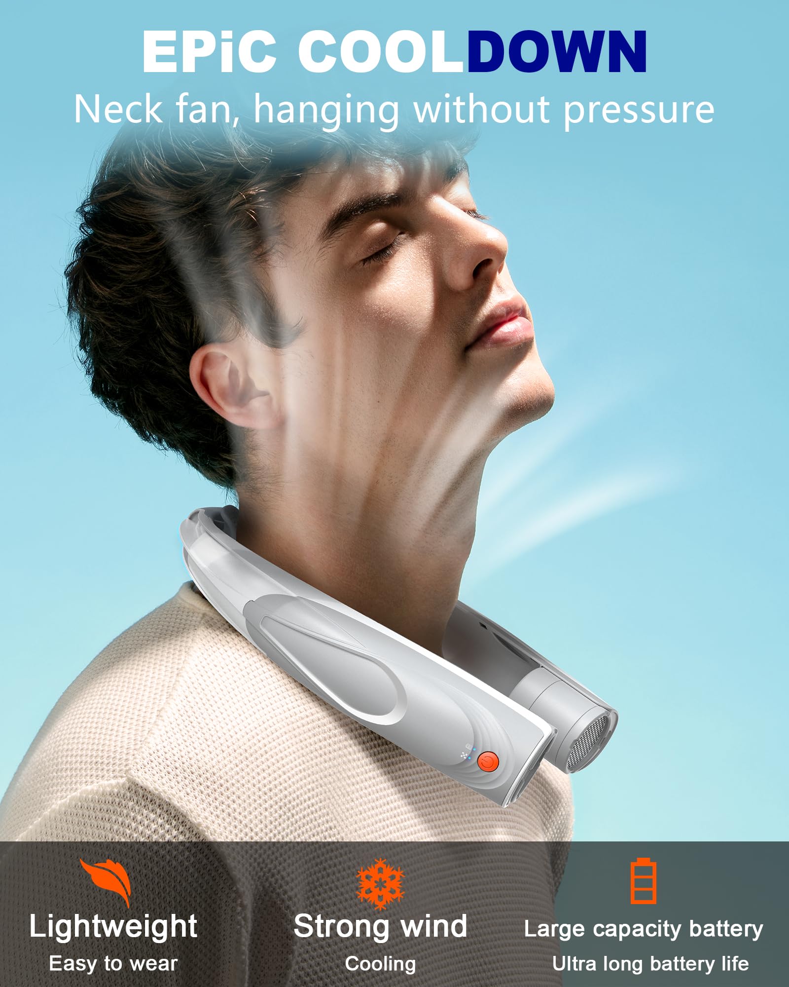 Tenvolti neck fan delivers 360-degree surround airflow around neck and face.