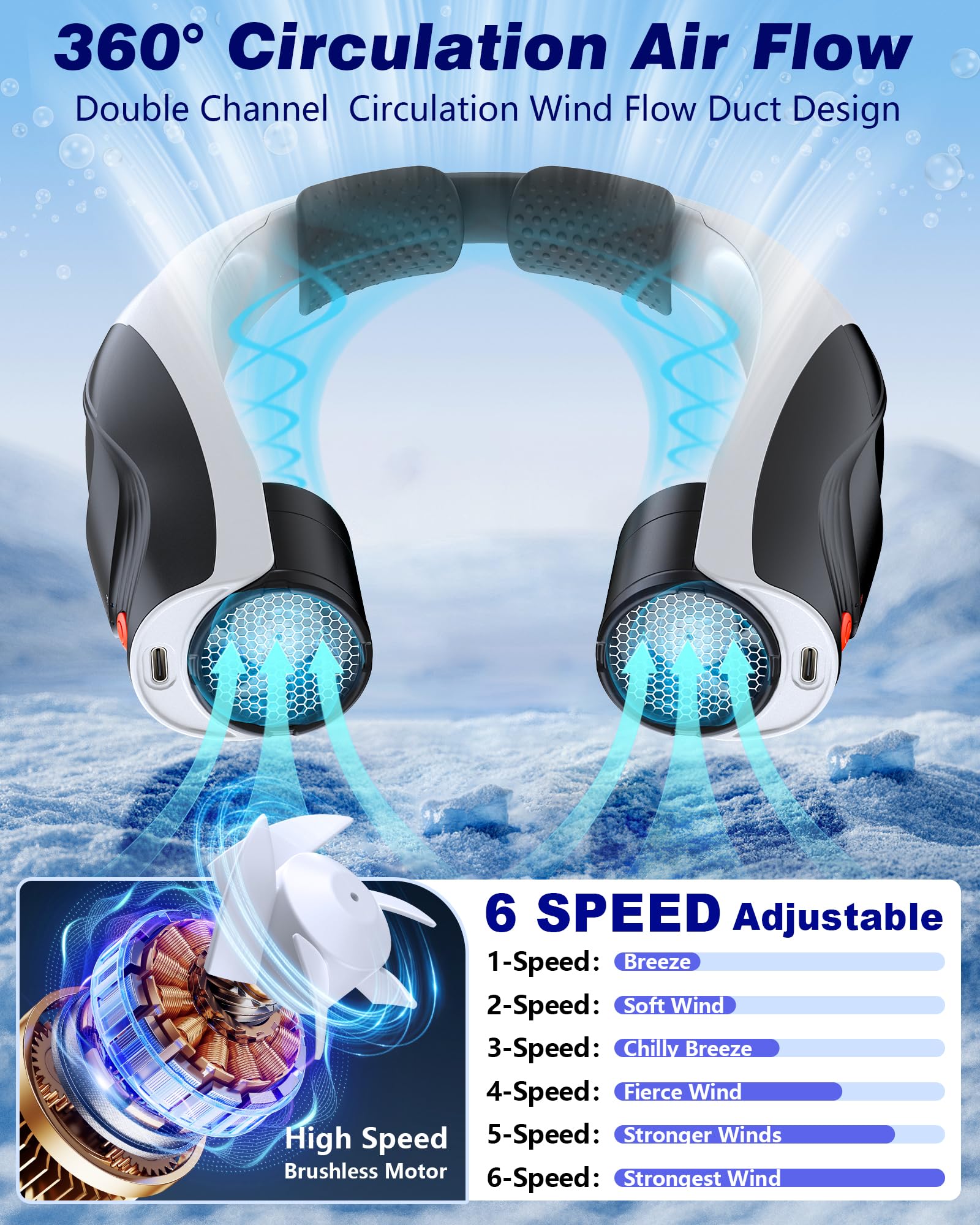 Tenvolti neck fan features soft silicone padding for comfortable all-day wear.