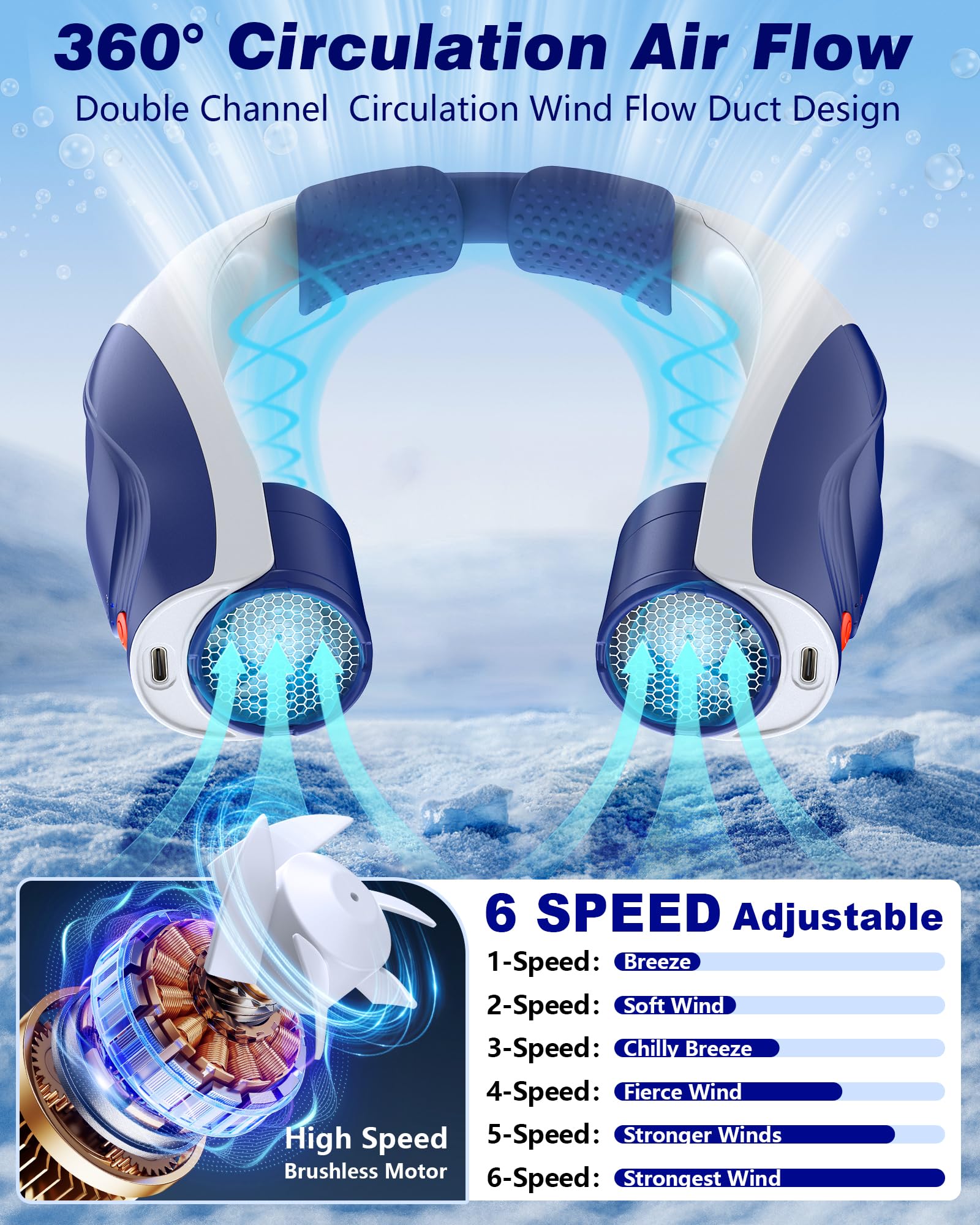 Tenvolti neck fan worn hands-free for versatile cooling during activities.