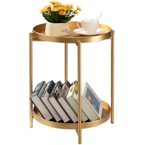TeoKJ 2-tier round gold side table with compact storage beside the sofa.