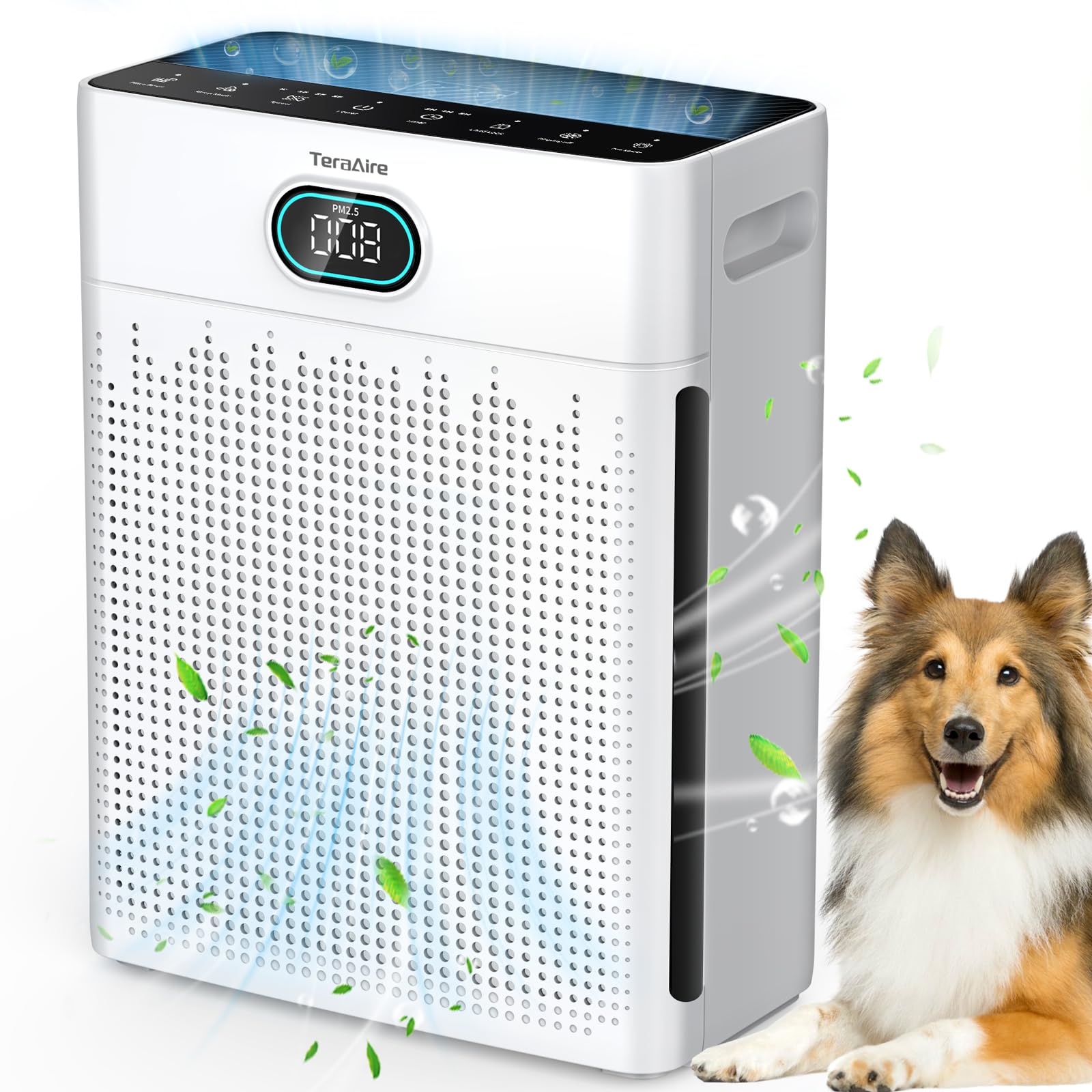 TeraAire air purifier front view highlighting large-room capability up to 2200 ft²