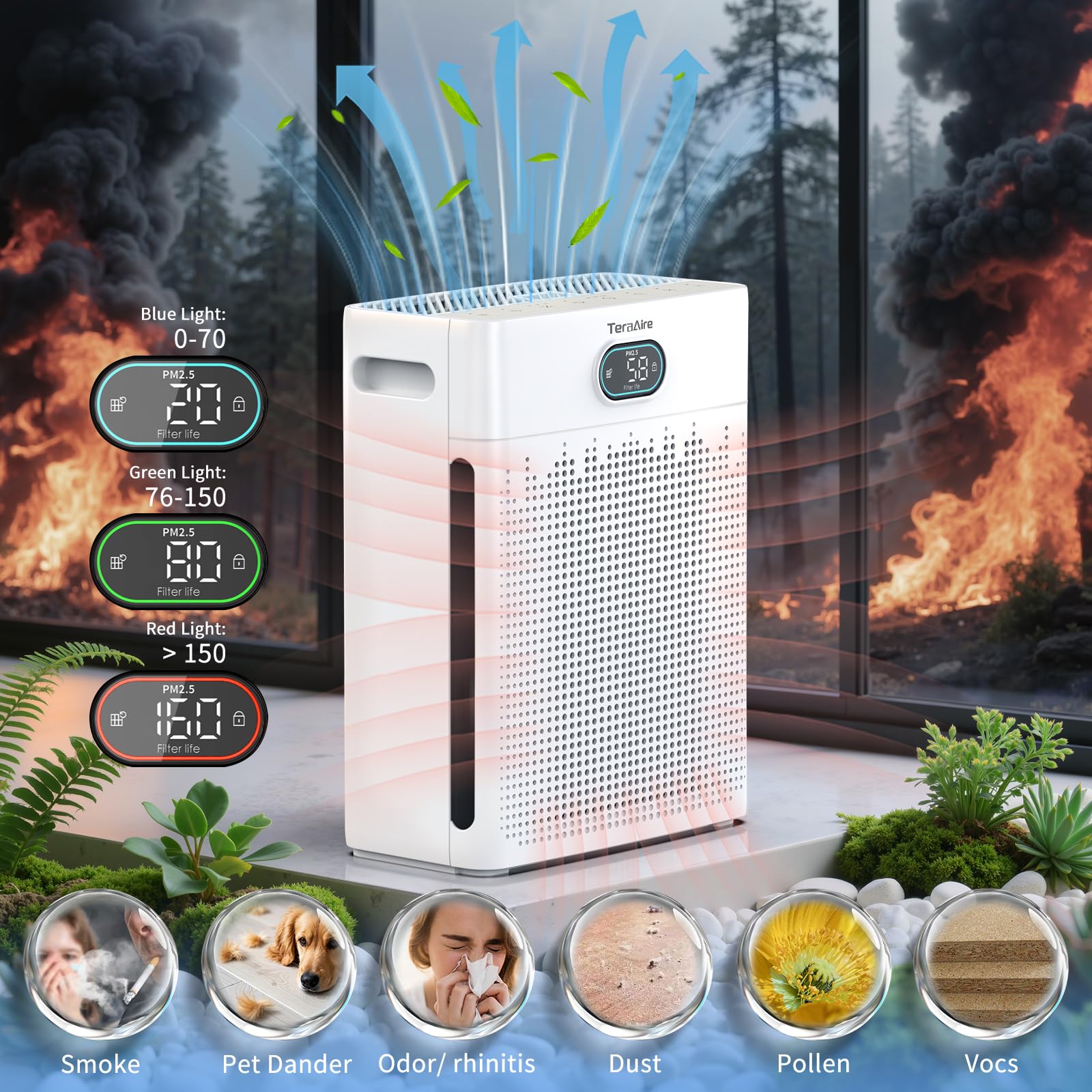 TeraAire purifier in kitchen near a smoke source with odor control