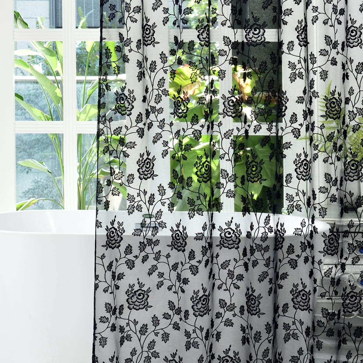 TERLYTEX black lace shower curtain with attached valance softly diffuses light for warm glow