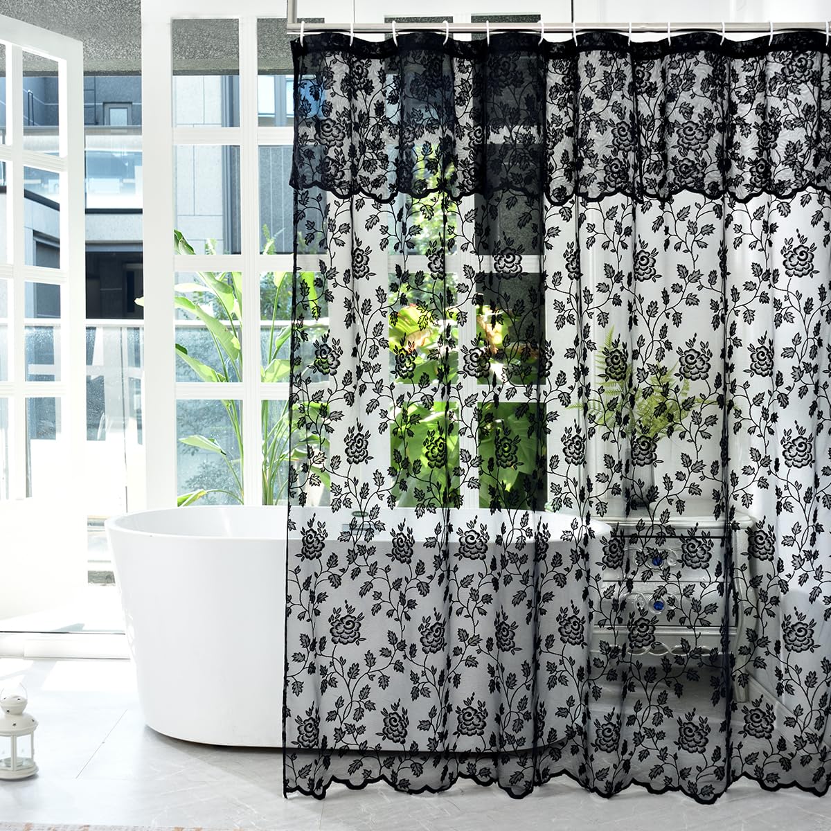 TERLYTEX lace shower curtain with attached valance showing vintage floral embroidery for a cozy bathroom vibe