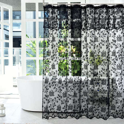 TERLYTEX lace shower curtain with attached valance showing vintage floral embroidery for a cozy bathroom vibe