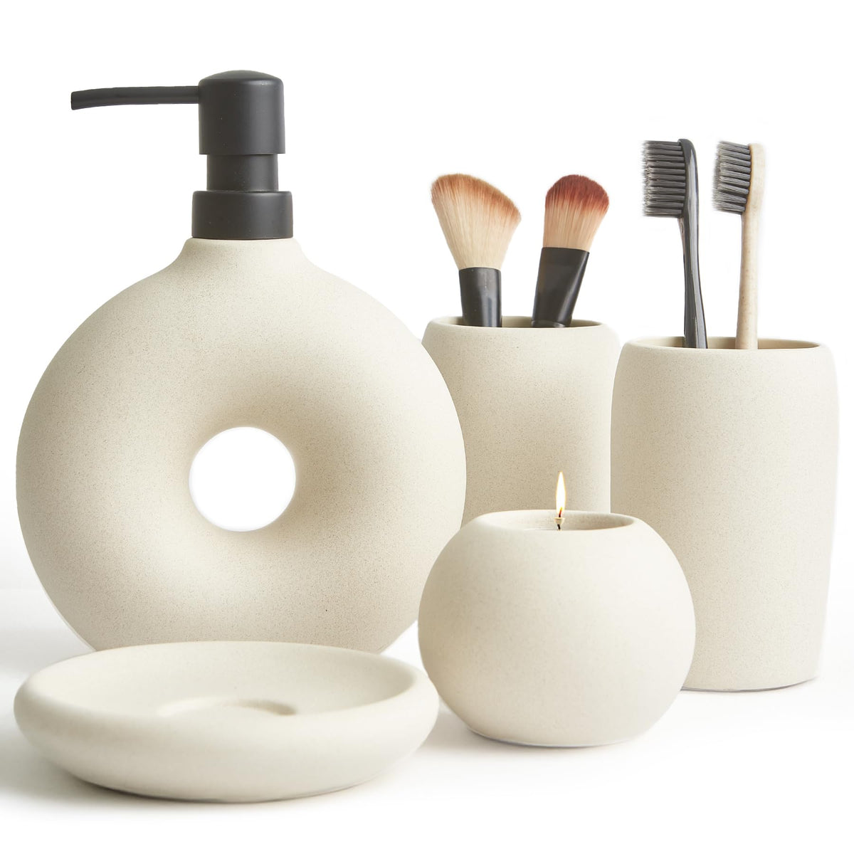 Terramoza ceramic bathroom set dispenser on a modern vanity keeps liquids organized and accessible.