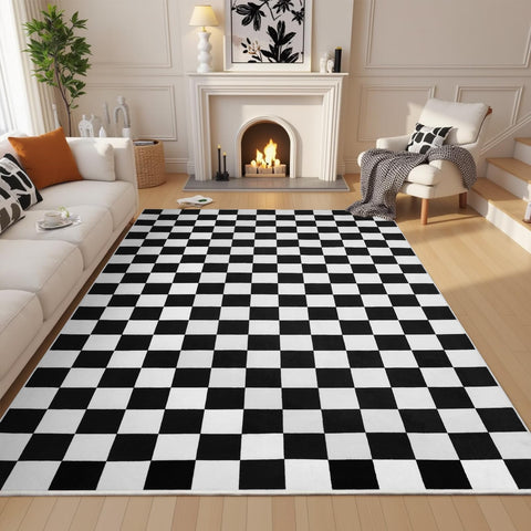 Terrug checkerboard rug close-up shows plush pile and smooth texture.
