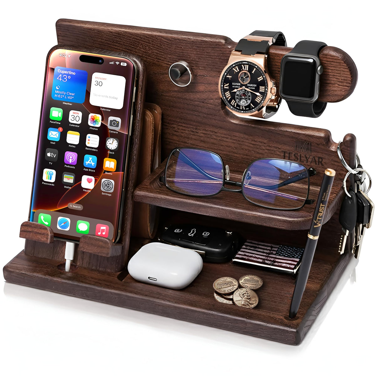 TESLYAR Bourbon Brown docking station front view for organized desk