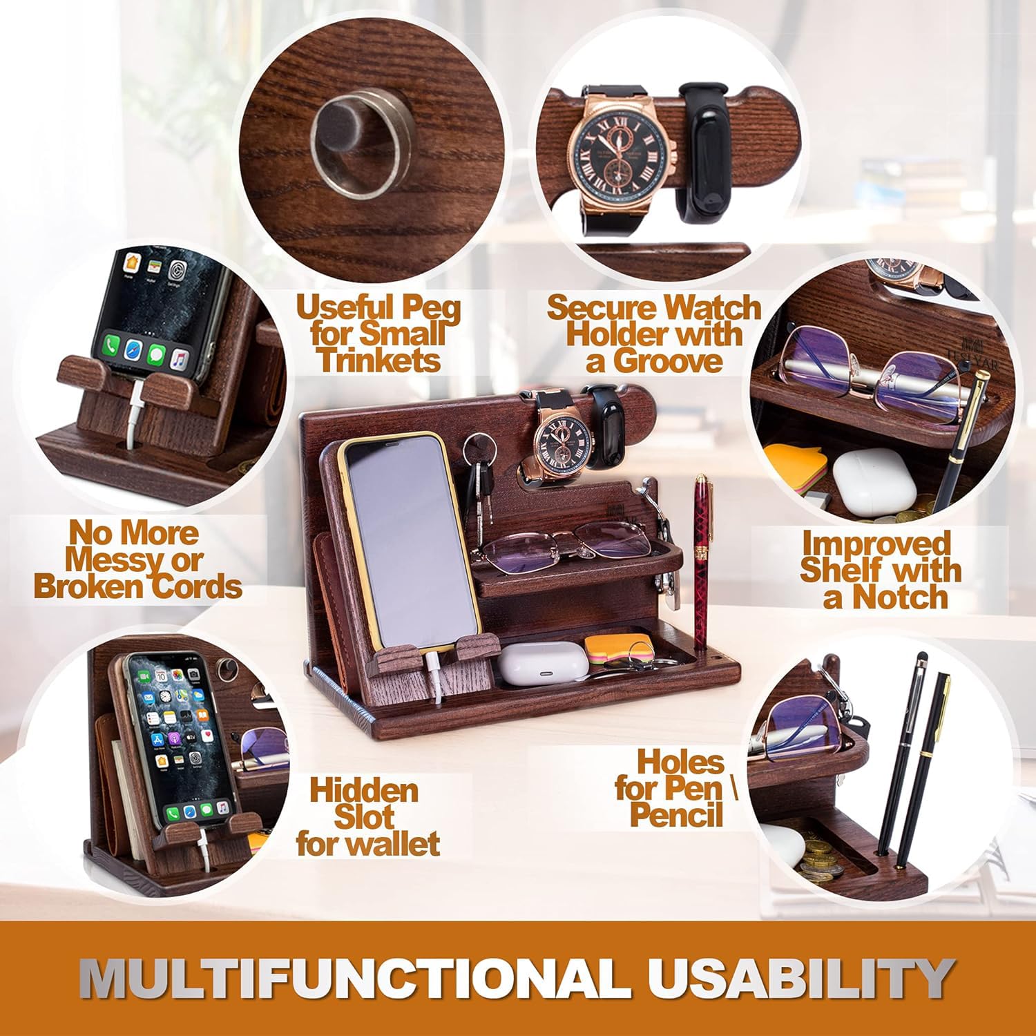 TESLYAR Bourbon Brown docking station top view with built-in compartments