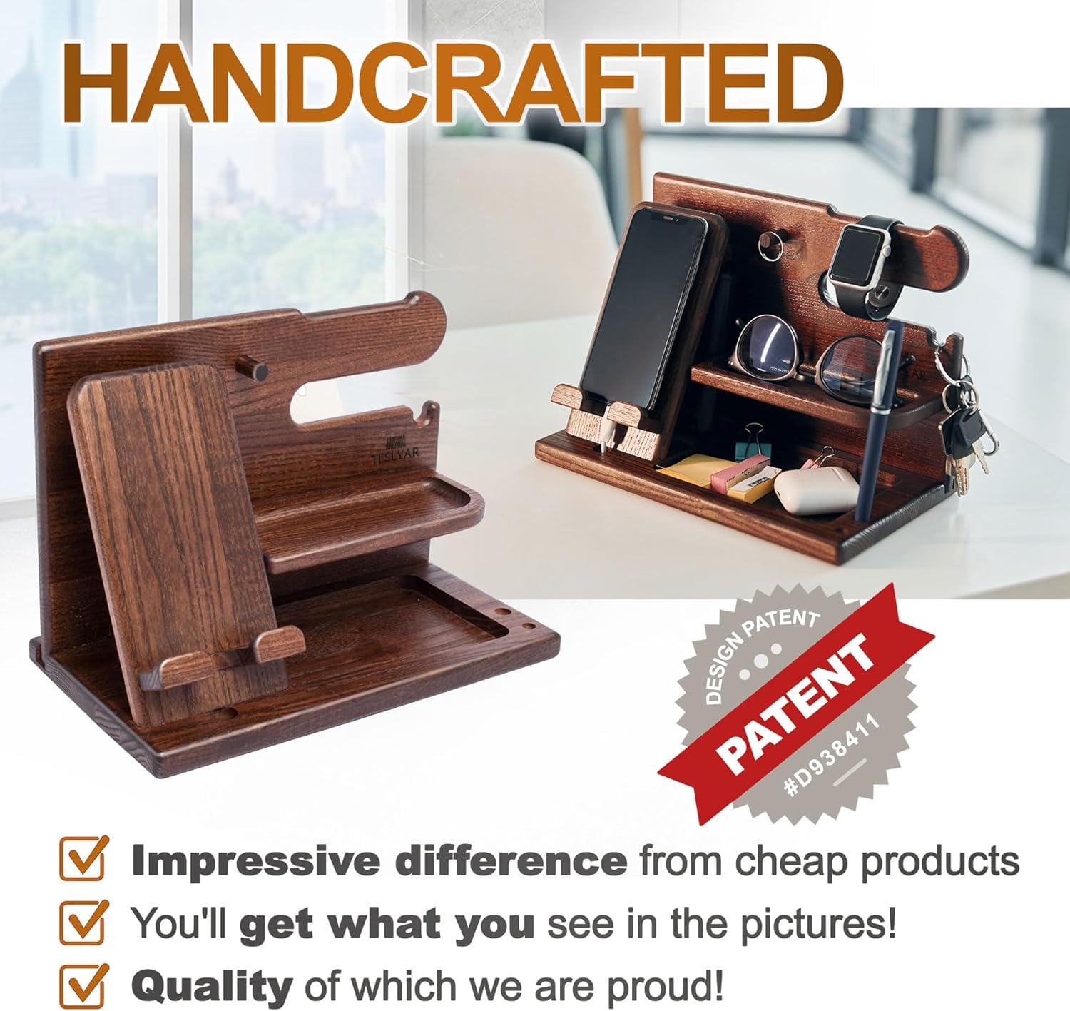 TESLYAR Bourbon Brown docking station wallet slot stores essentials