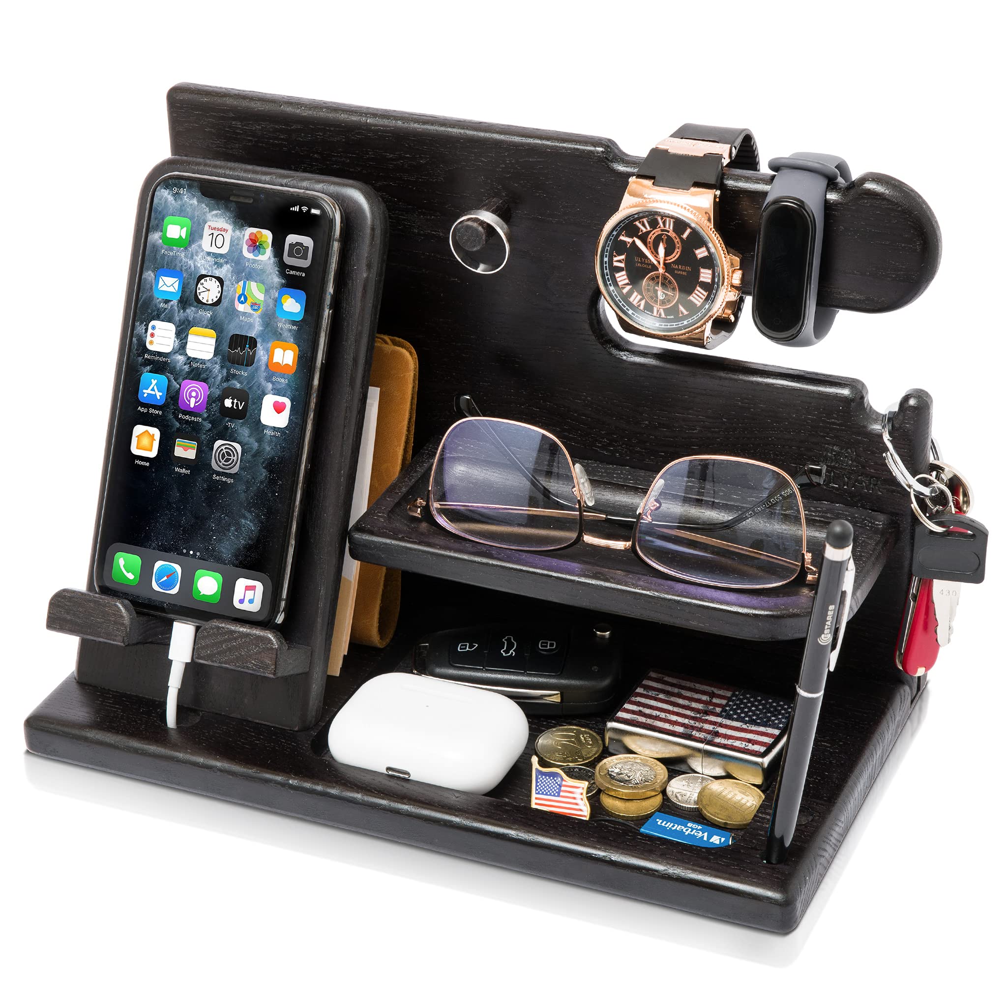 TESLYAR wood docking station granite black with organized charging area keeps phone charged and close at hand