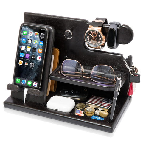 TESLYAR wood docking station granite black with organized charging area keeps phone charged and close at hand