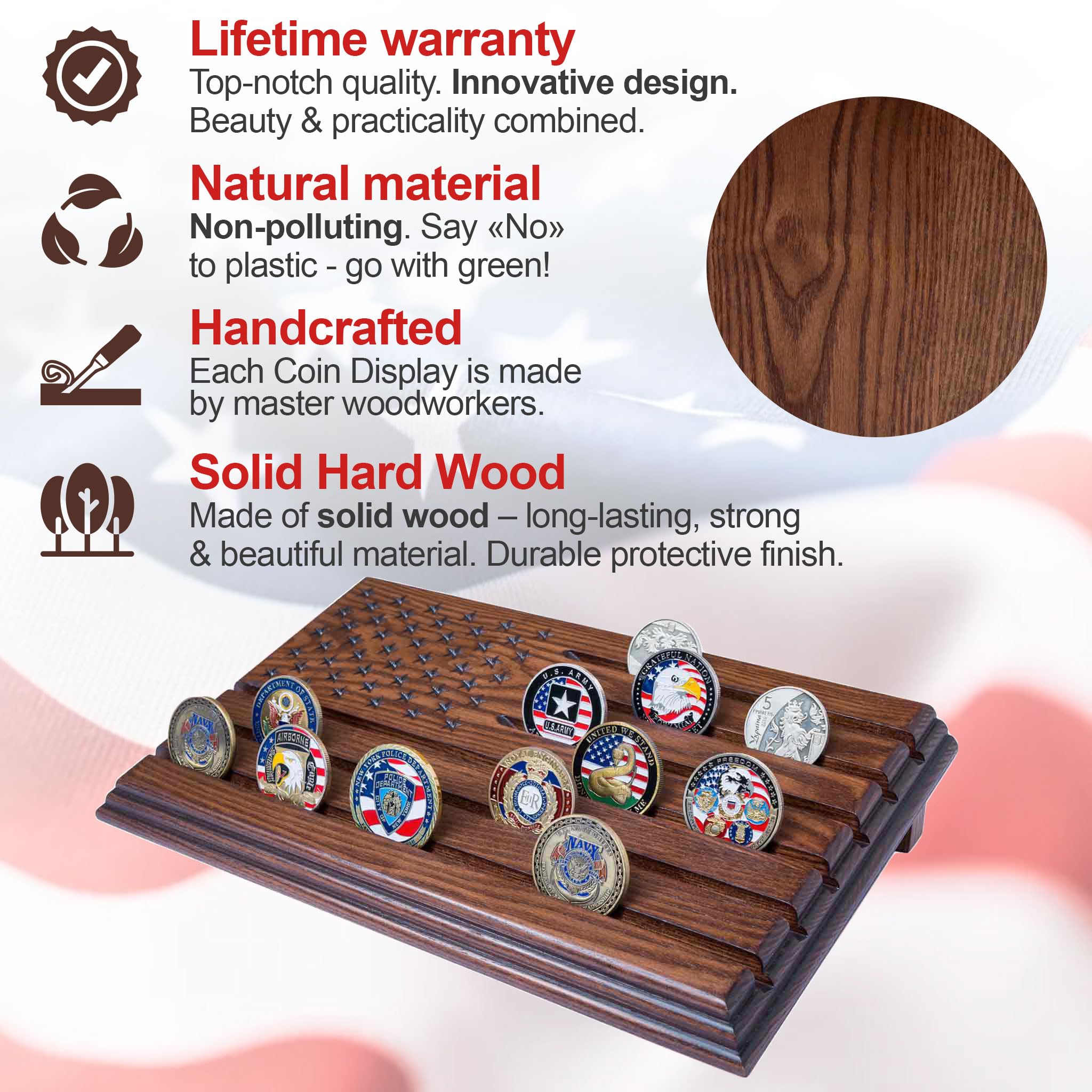 TESLYAR wood engraved stars detail enhances the patriotic motif