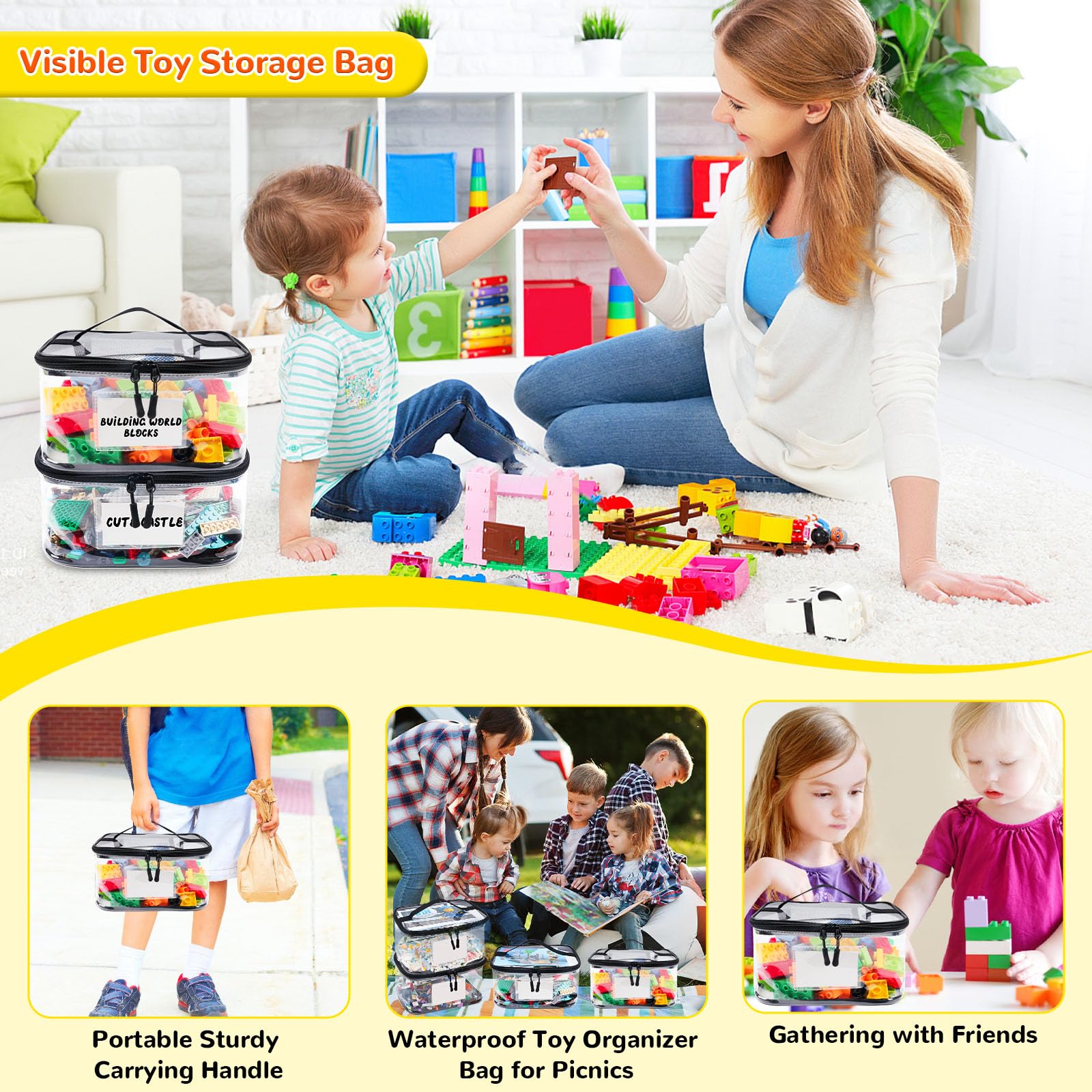 Tesuko large capacity bags hold bricks, puzzles, and board games.