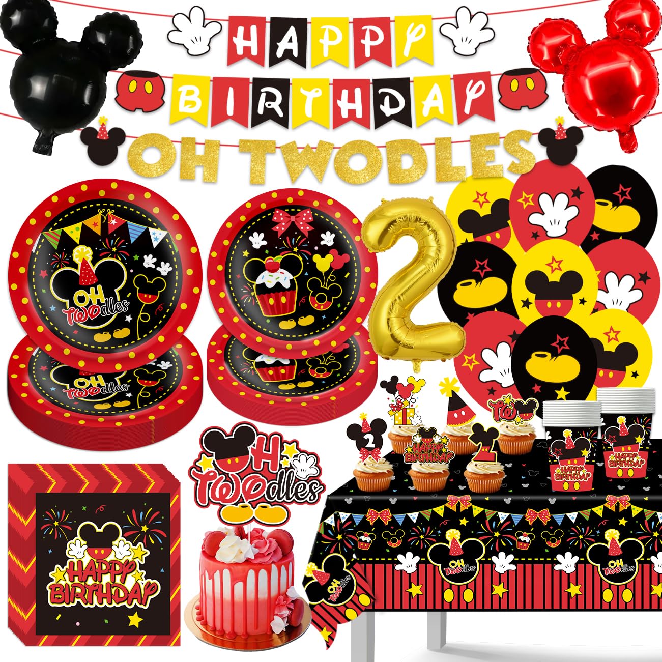 Tetcuican 108Pcs Oh Twodles birthday decorations banner setup for a colorful party.