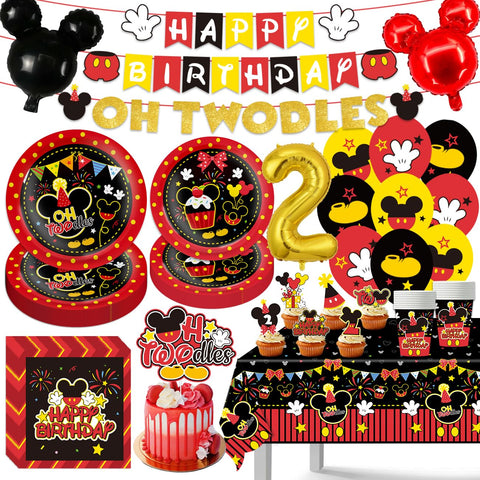 Tetcuican 108Pcs Oh Twodles birthday decorations banner setup for a colorful party.