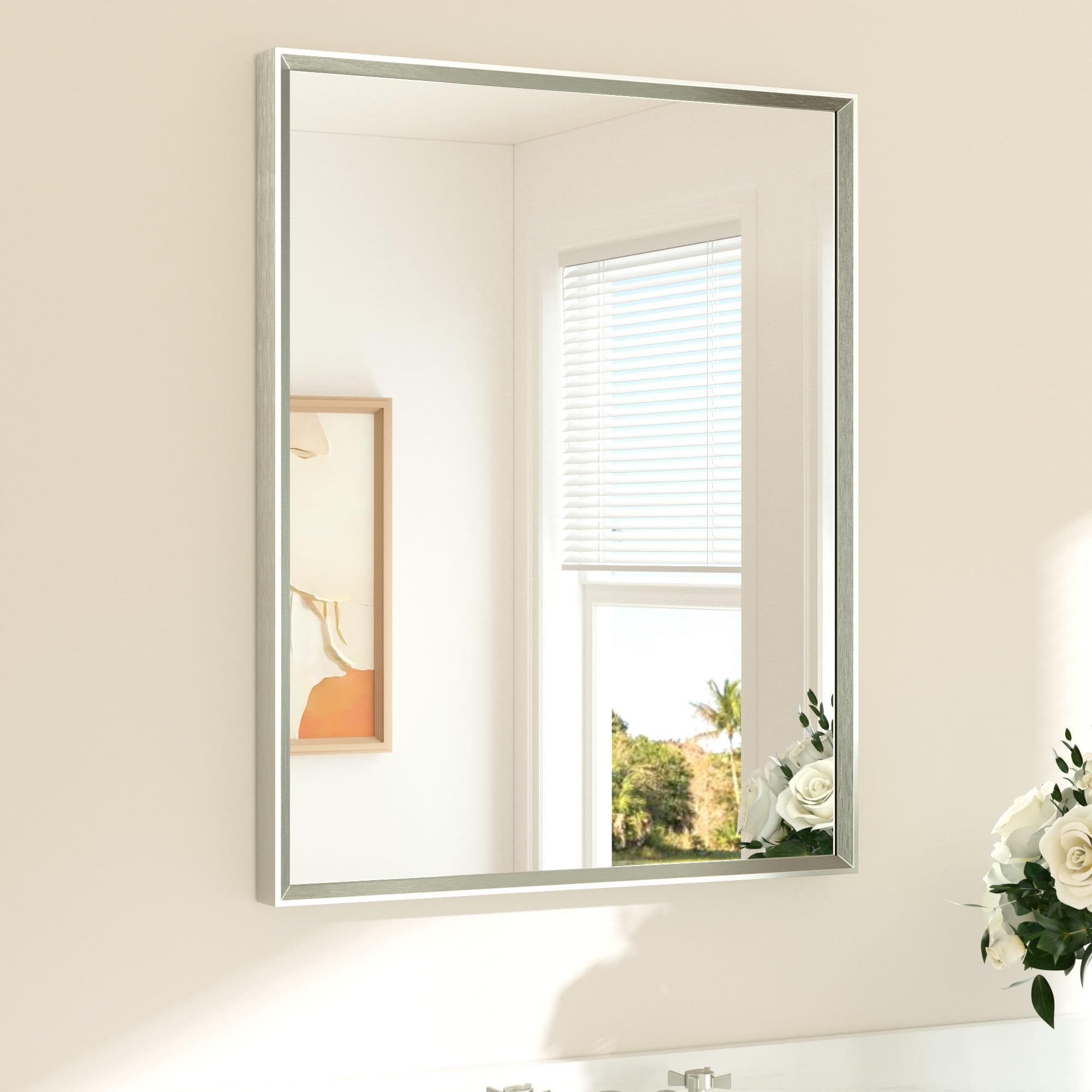 TETOTE brushed nickel bathroom mirror with beveled edge adds refined elegance.