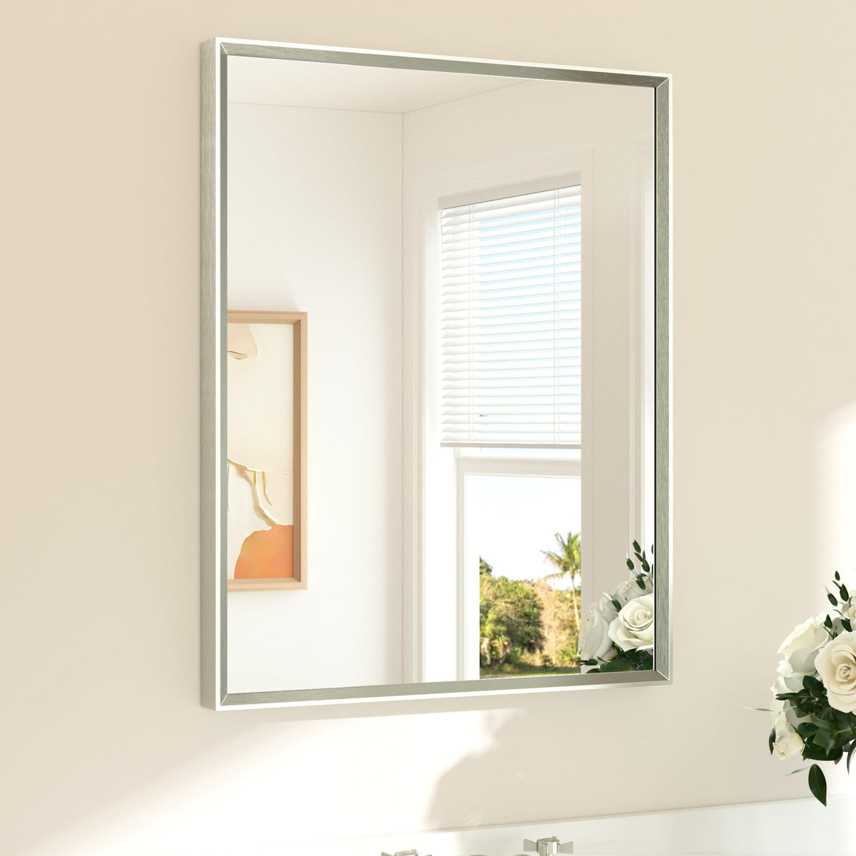TETOTE brushed nickel bathroom mirror with beveled edge adds refined elegance.