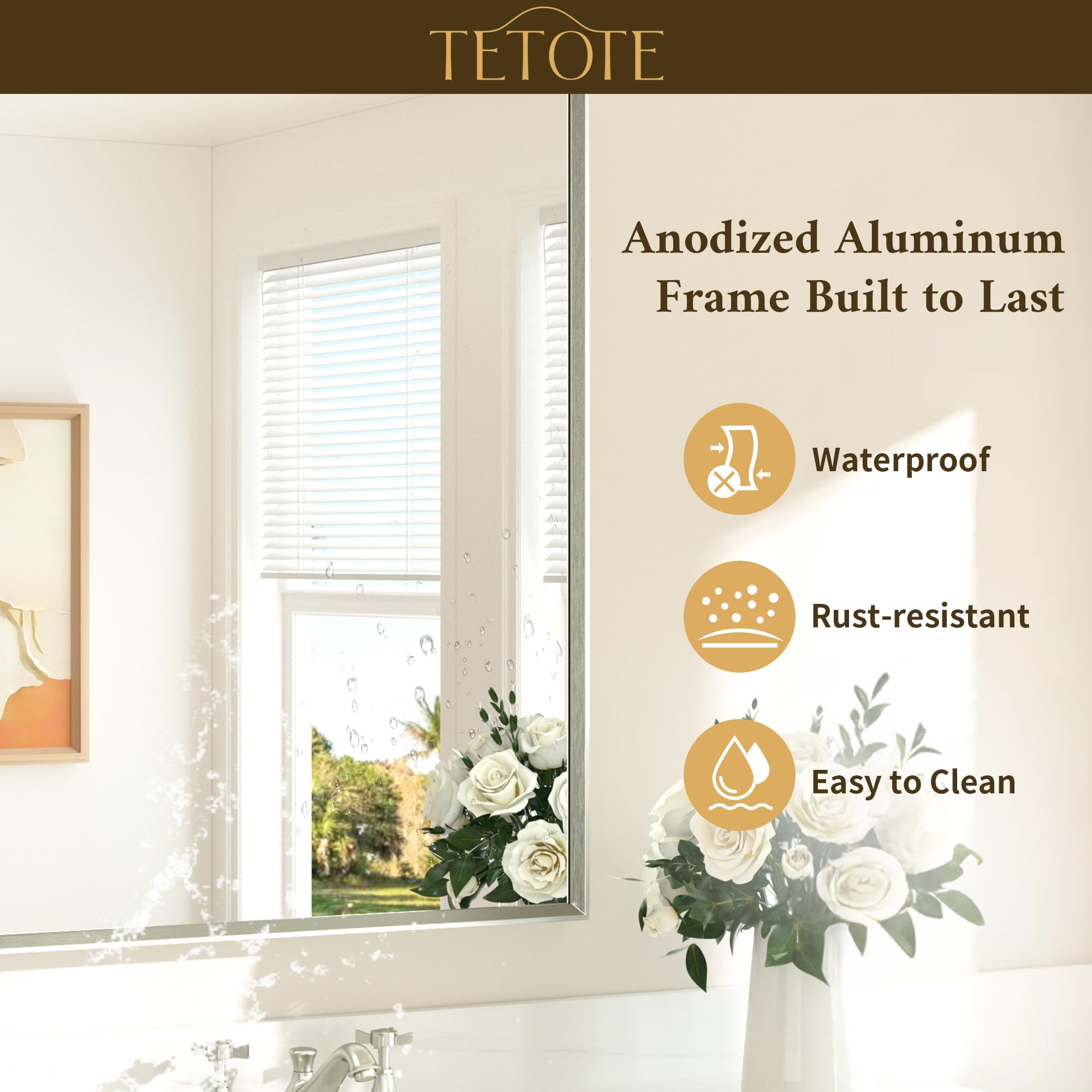 TETOTE beveled edge detail on brushed nickel frame adds depth.