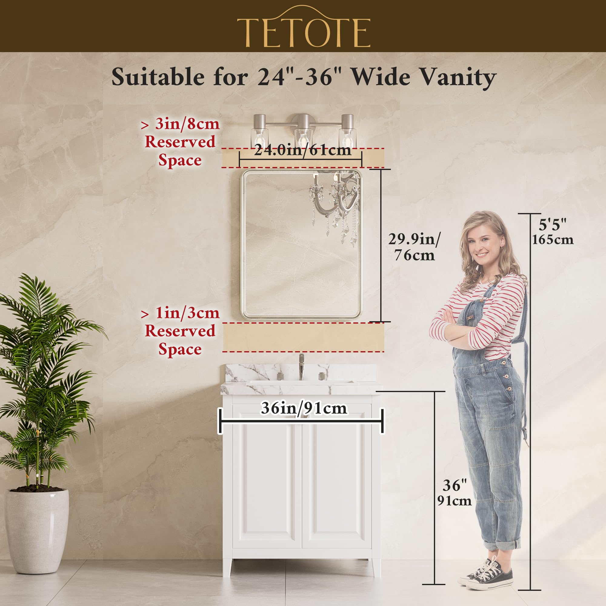 TETOTE aluminum frame in brushed nickel offers durable moisture resistance.
