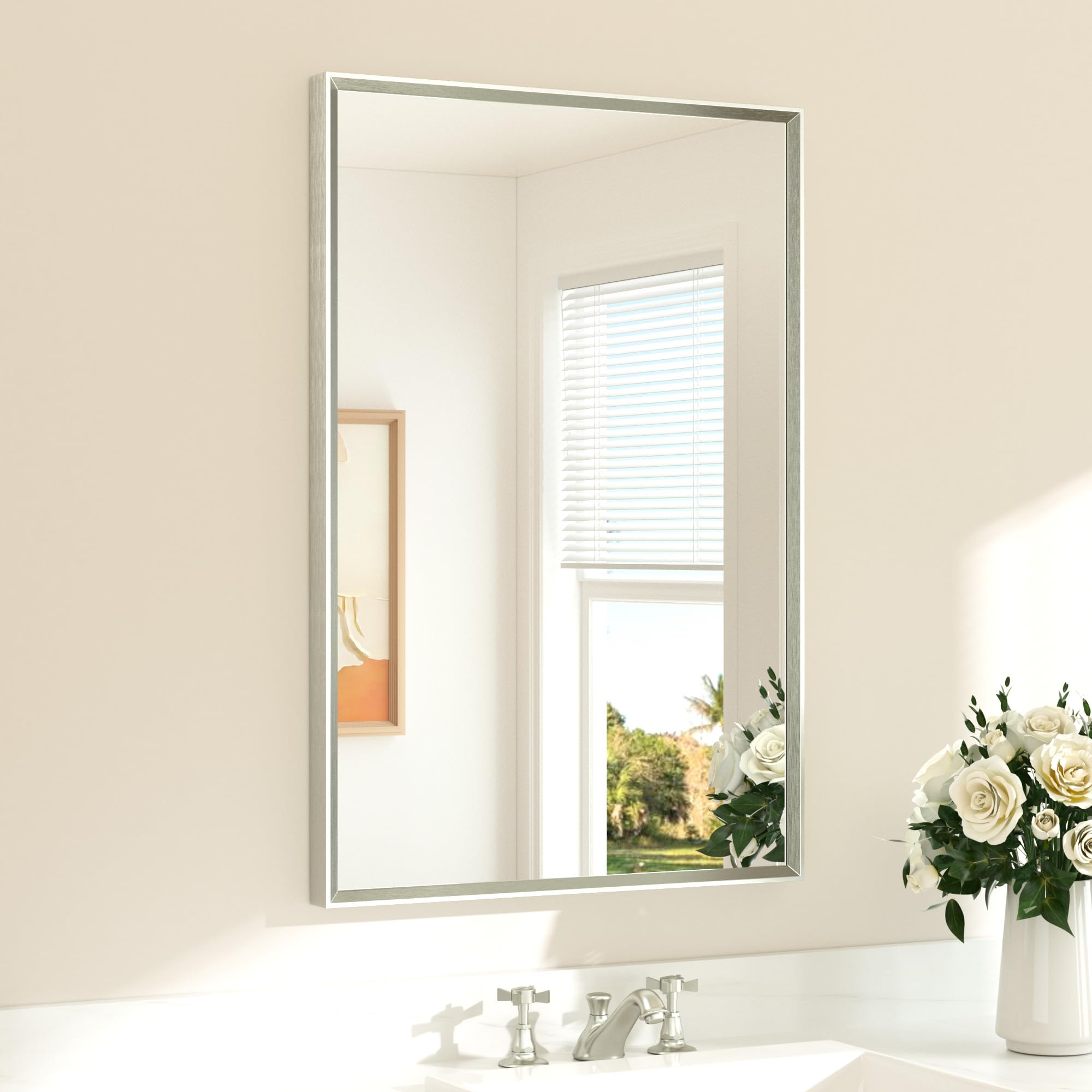 TETOTE brushed nickel mirror 24x36 with beveled edge for elegant bathroom style