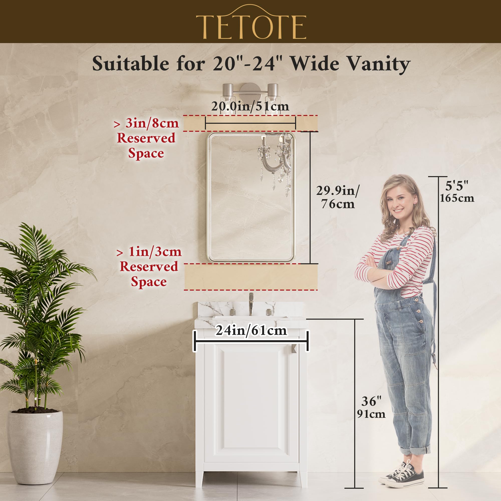 TETOTE brushed nickel mirror with beveled edge adds subtle sparkle.