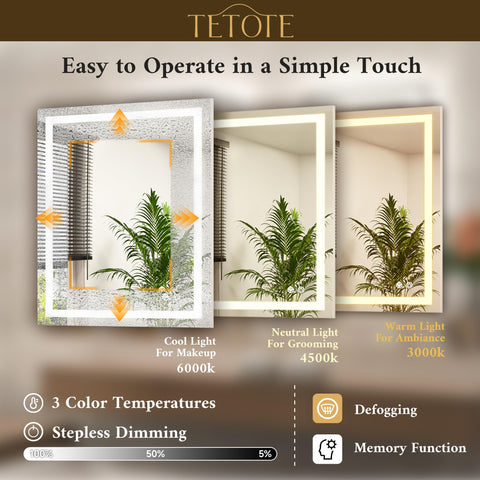 TETOTE mirror offers a 3000K–6000K range with full dimming from 10% to 100%.