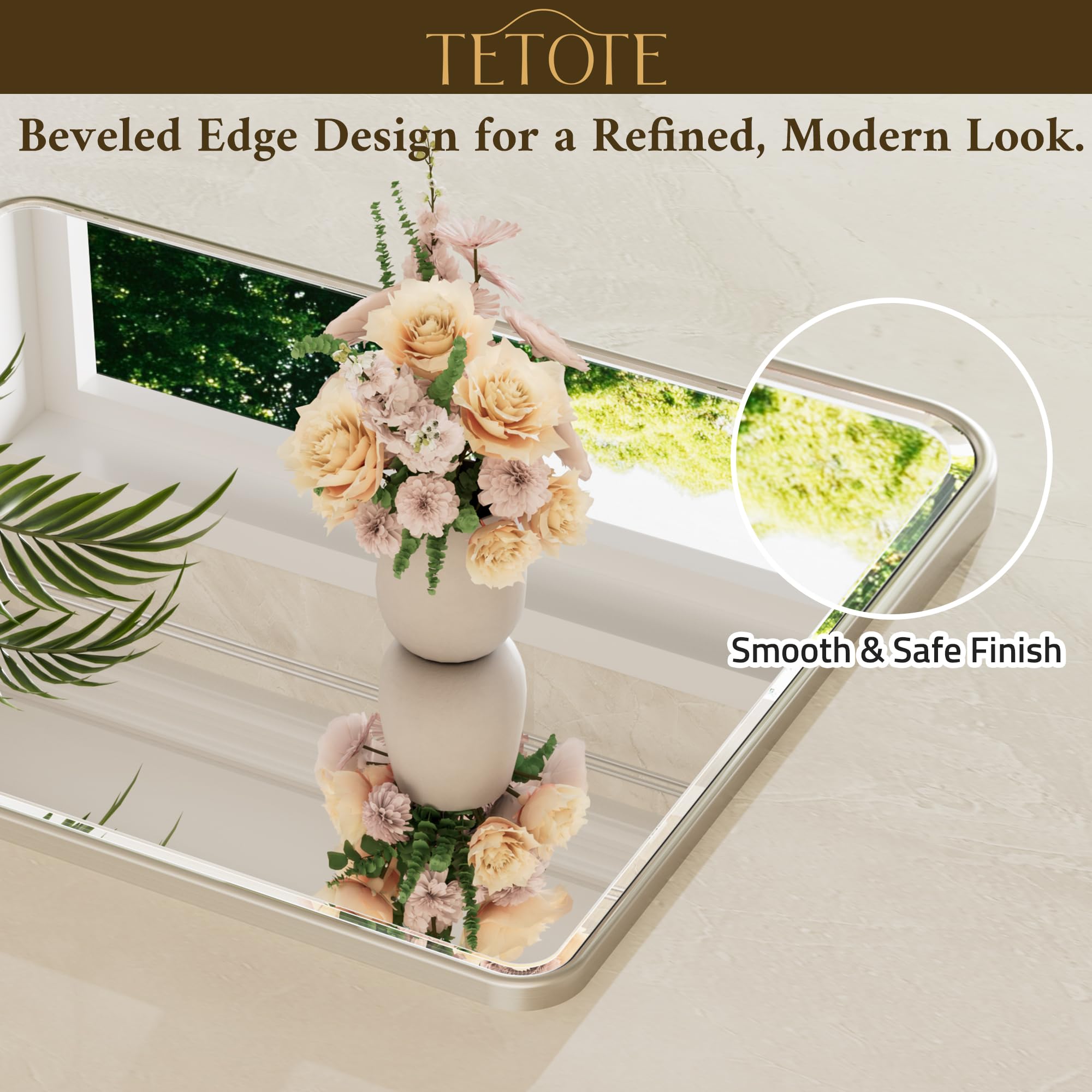 TETOTE tempered-glass mirror features shatterproof film for durability.