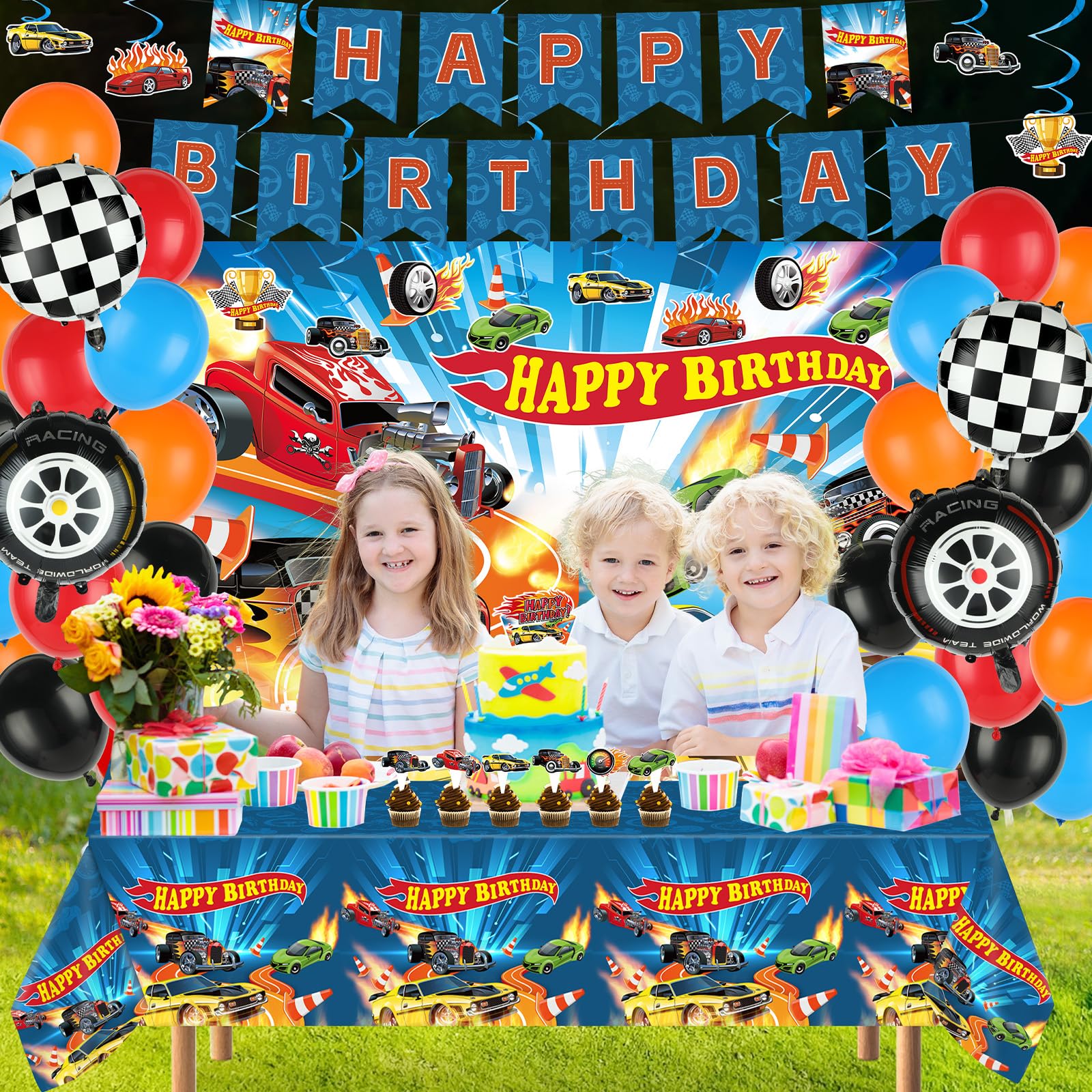 Tevxj race car backdrop creates dynamic party photos.