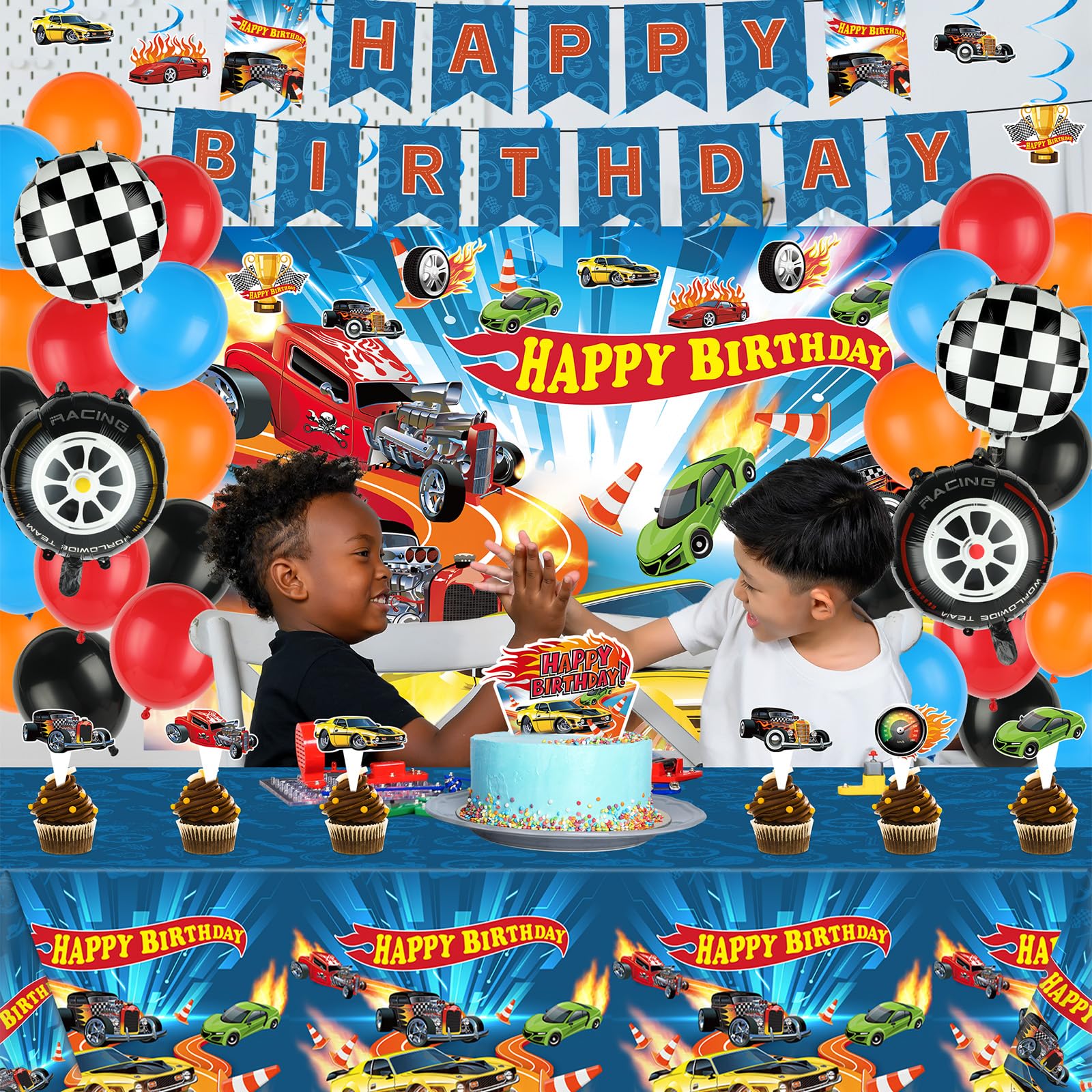 Tevxj race car tablecloth provides a vivid party base.