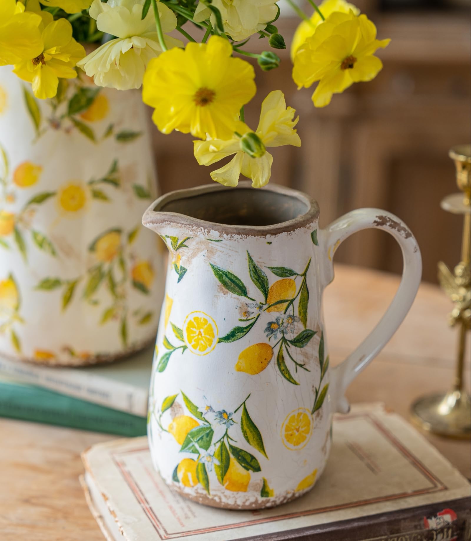 Teweiqi vintage lemon ceramic vase with handle, ideal for fresh or faux floral arrangements.