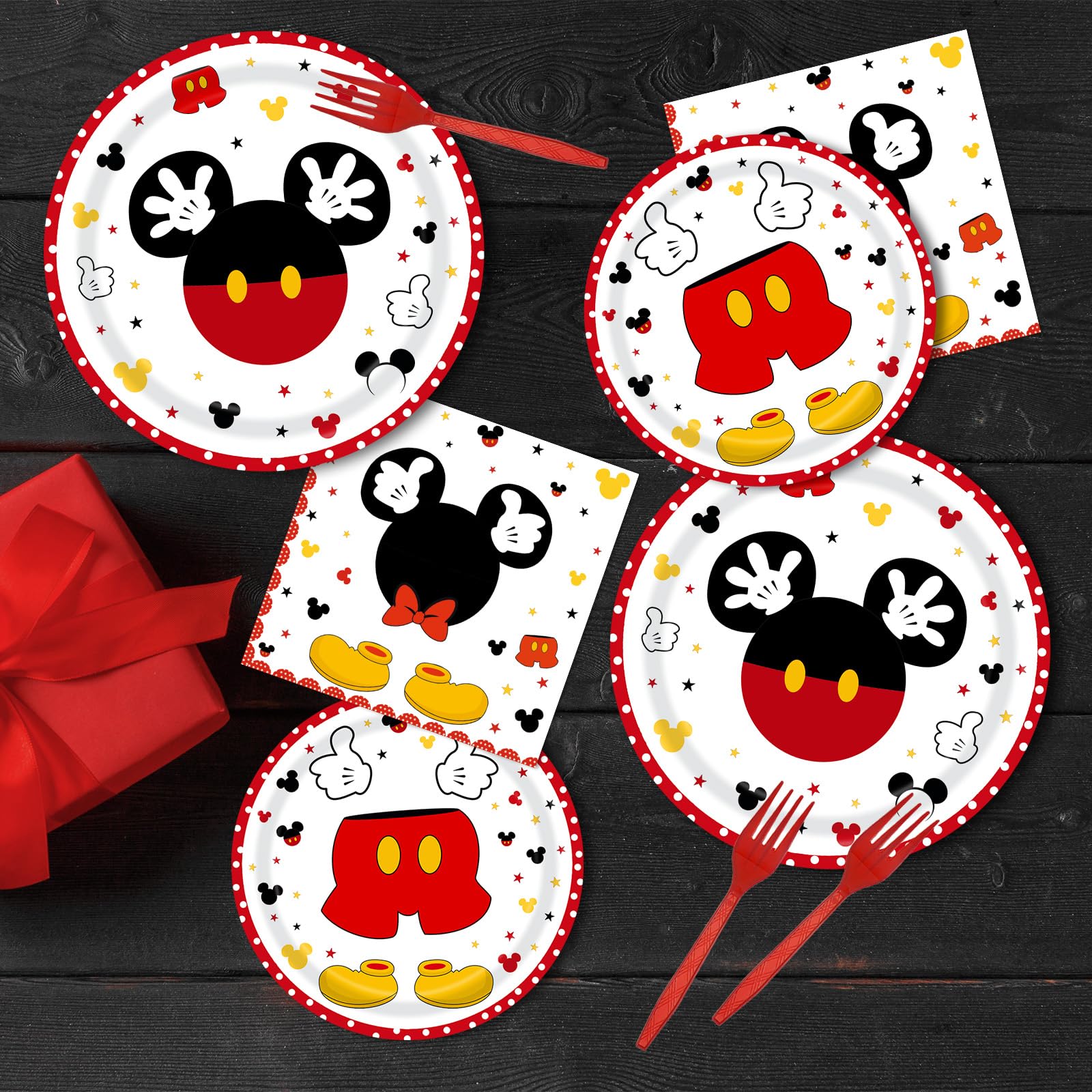 Tewess 96-piece red mouse tableware set themed decor complements birthday parties.