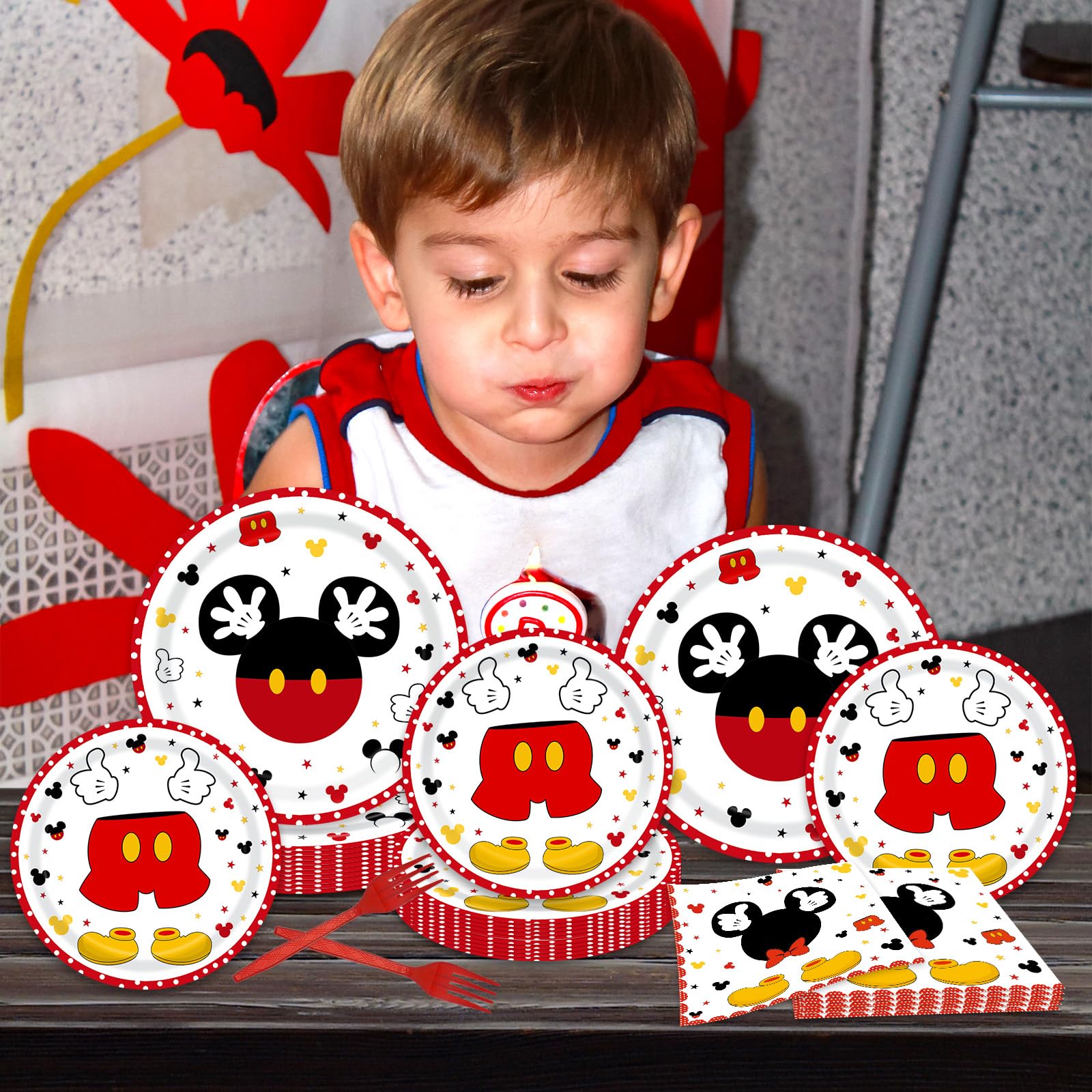 Tewess 96-piece red mouse tableware set party pack ideal for 24 guests at gatherings.