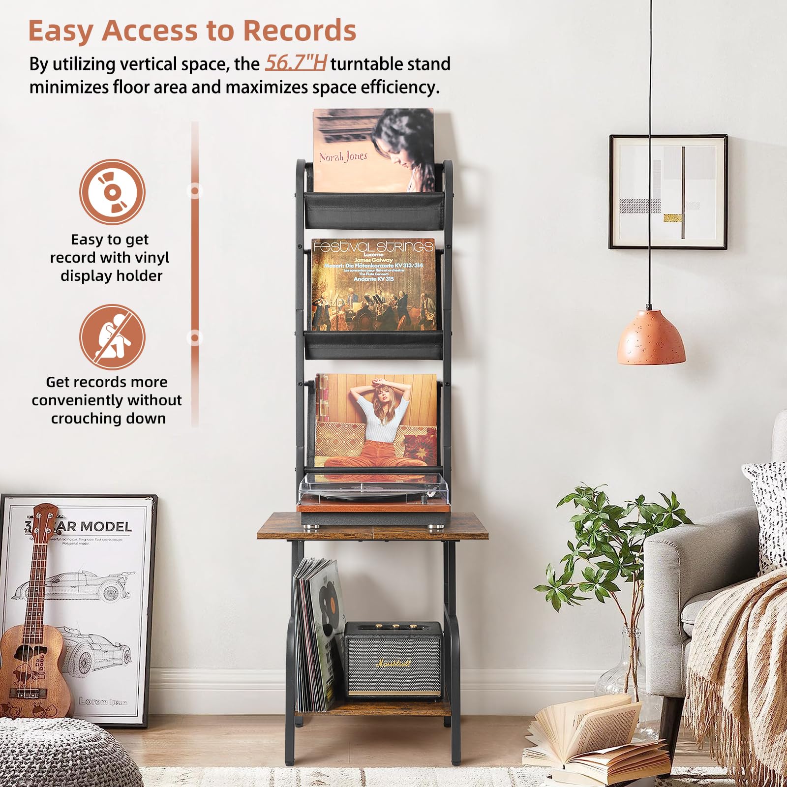 Tewinko 3-layer vinyl display keeps records neatly organized by genre.