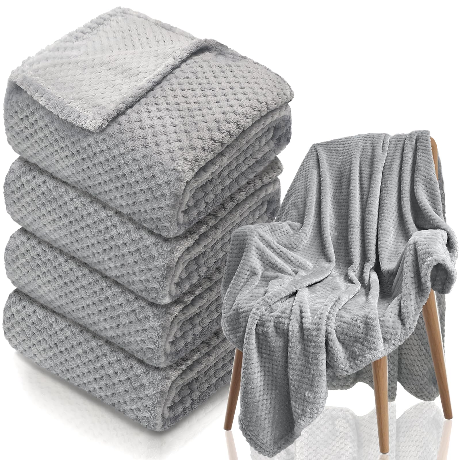 Tewloss four-pack fleece throw blanket in gray, ideal for couch coverage and warmth.
