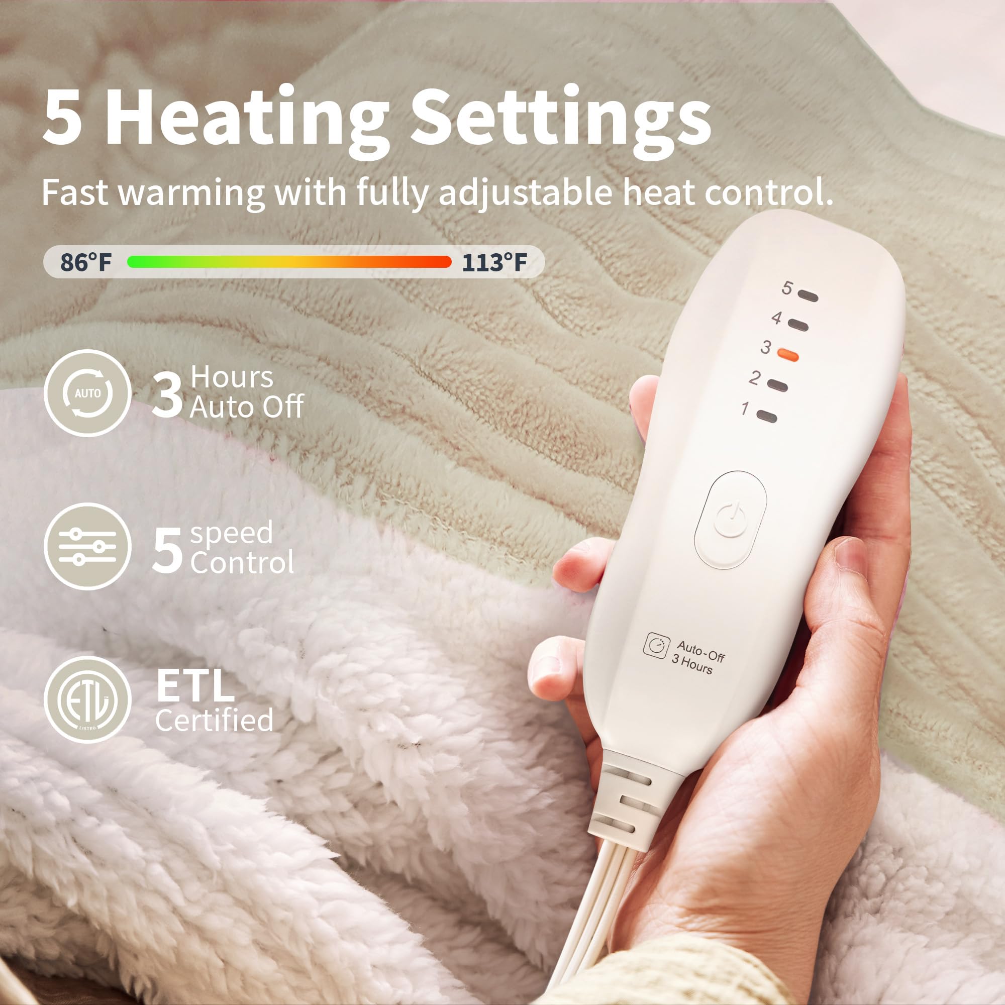 Texciting heated blanket features a 3-hour auto-off timer for safety.