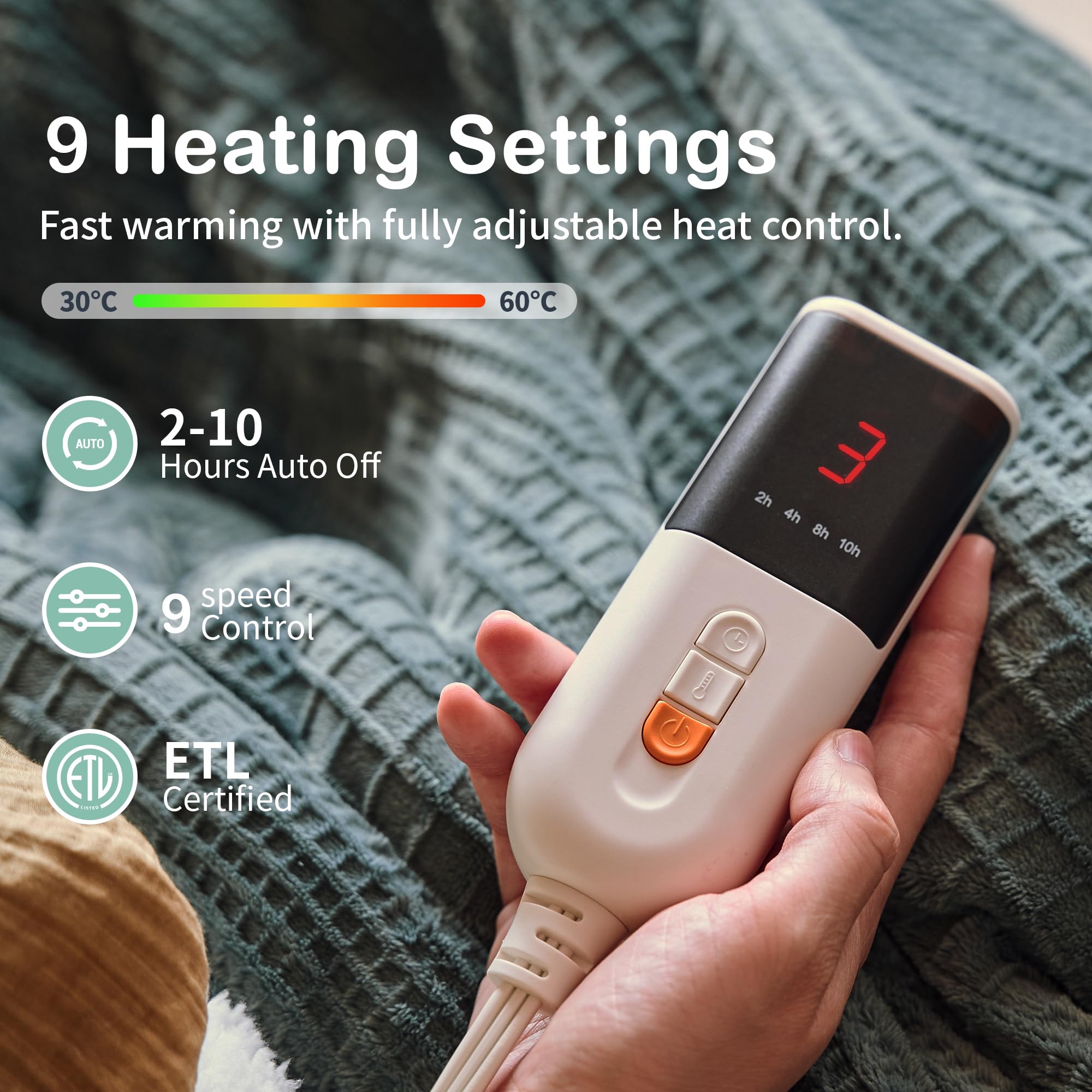 Texciting blanket control panel with 9 heat settings for customization