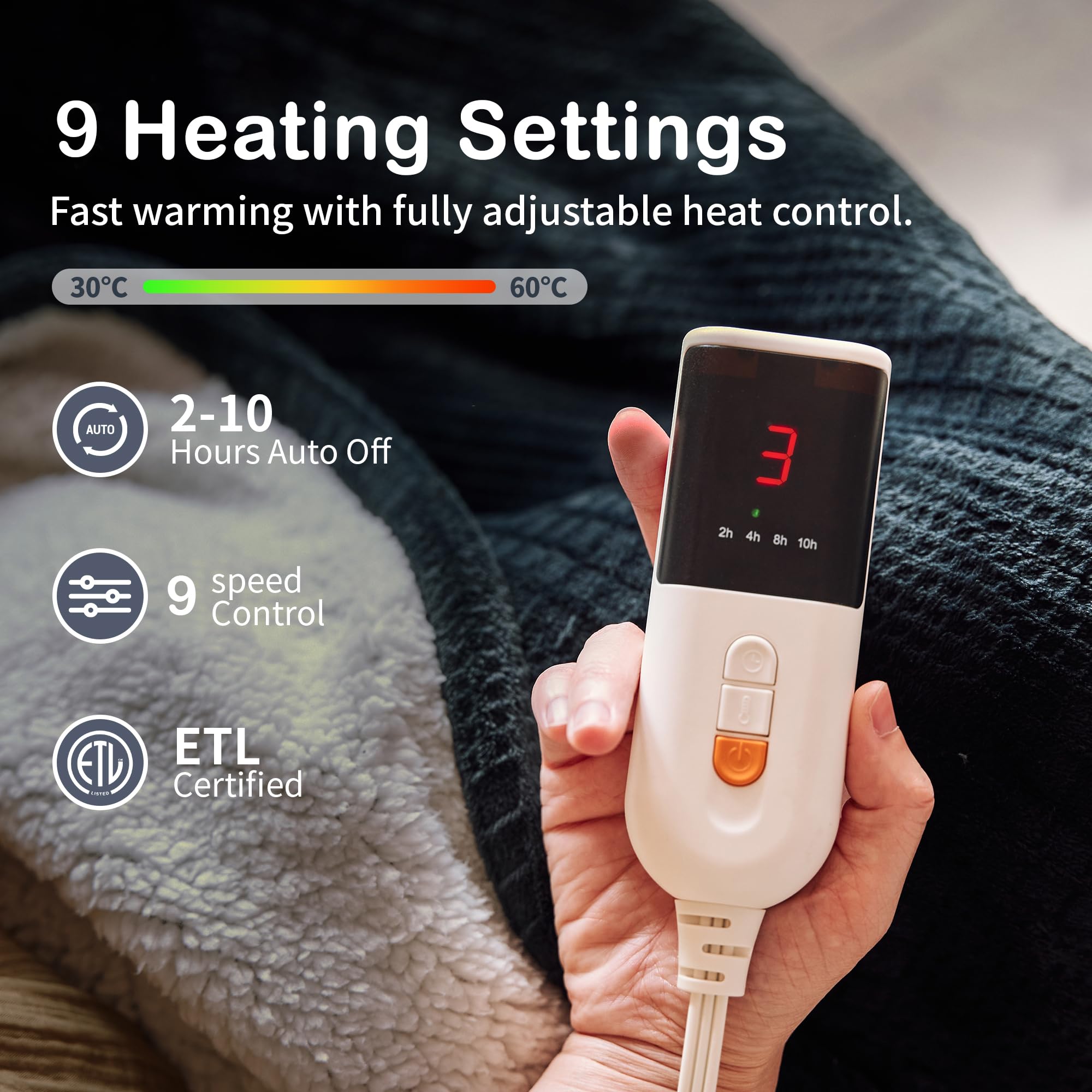 Texciting blanket features a detachable controller for easy temperature control.