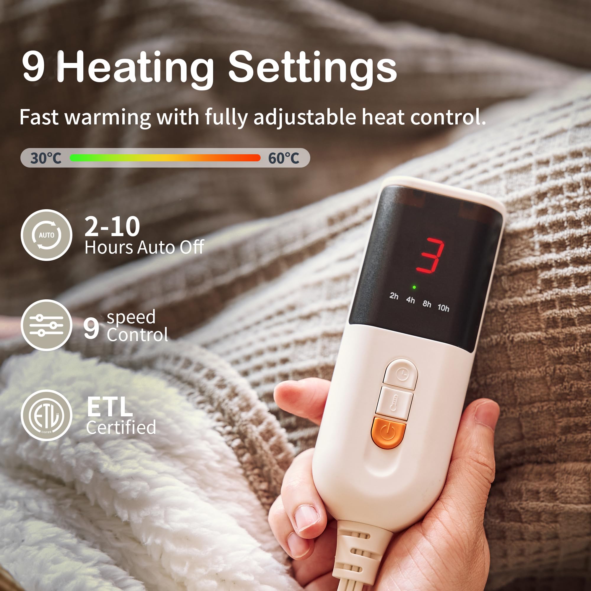 Texciting heated blanket 9 heat settings for personalized warmth