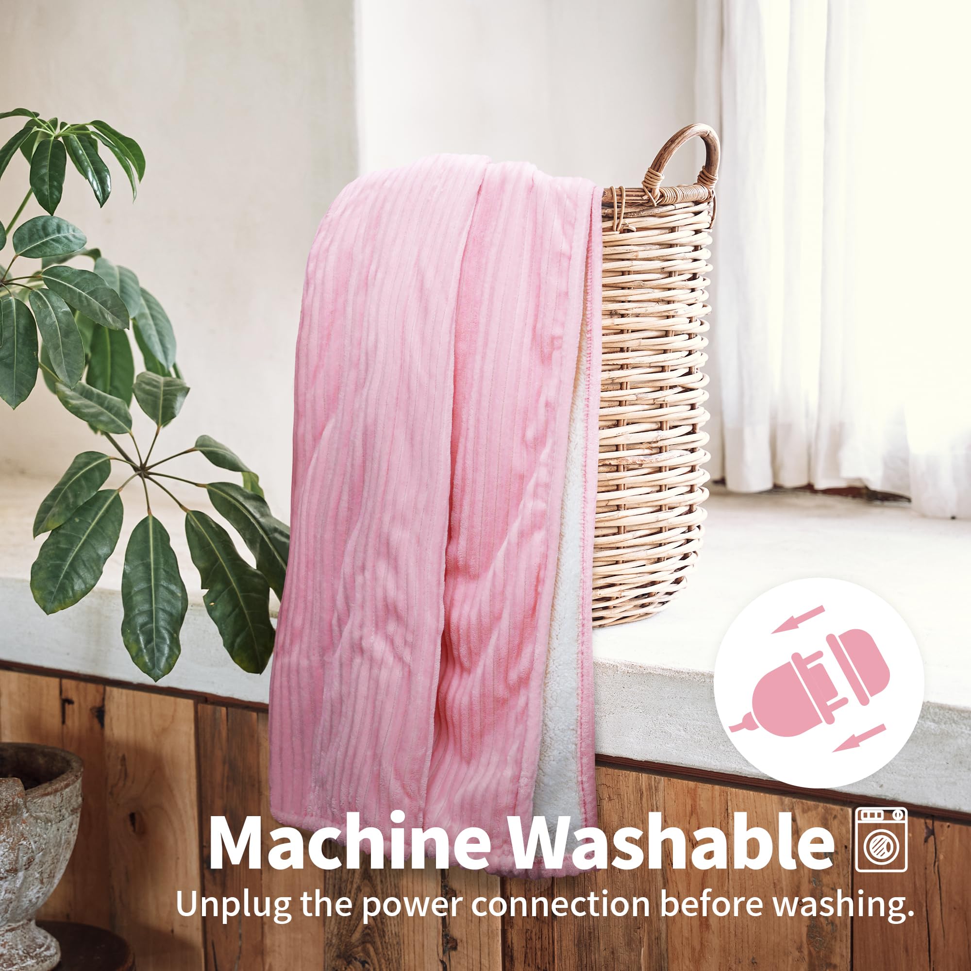 Texciting heated blanket pink 50x60 machine washable for easy care.
