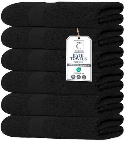 TexCraft bath towel set six-pack in black, folded, 24x48 inches.