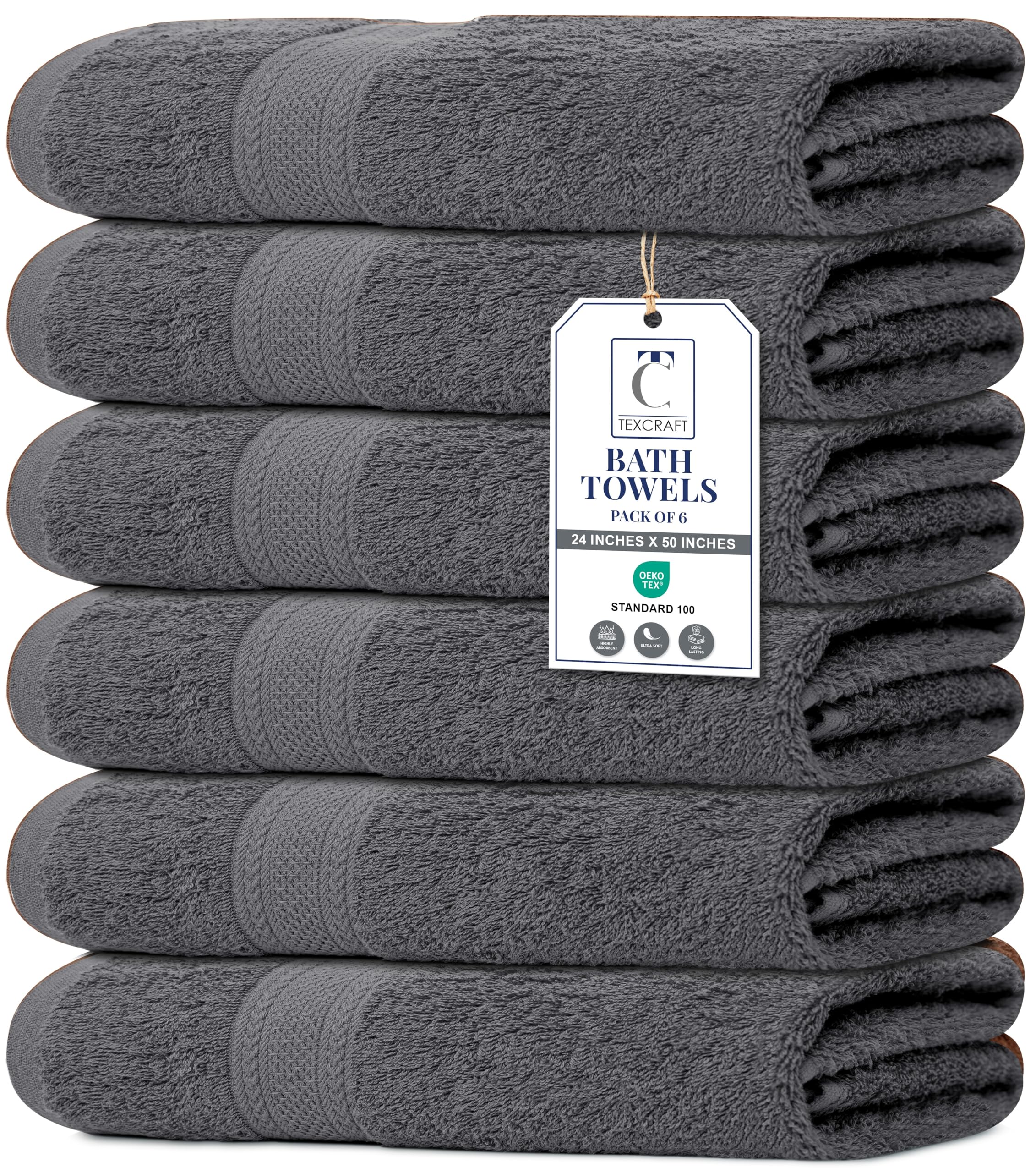 TexCraft Large Bath Towels set of 6 in charcoal grey with plush terry for everyday drying