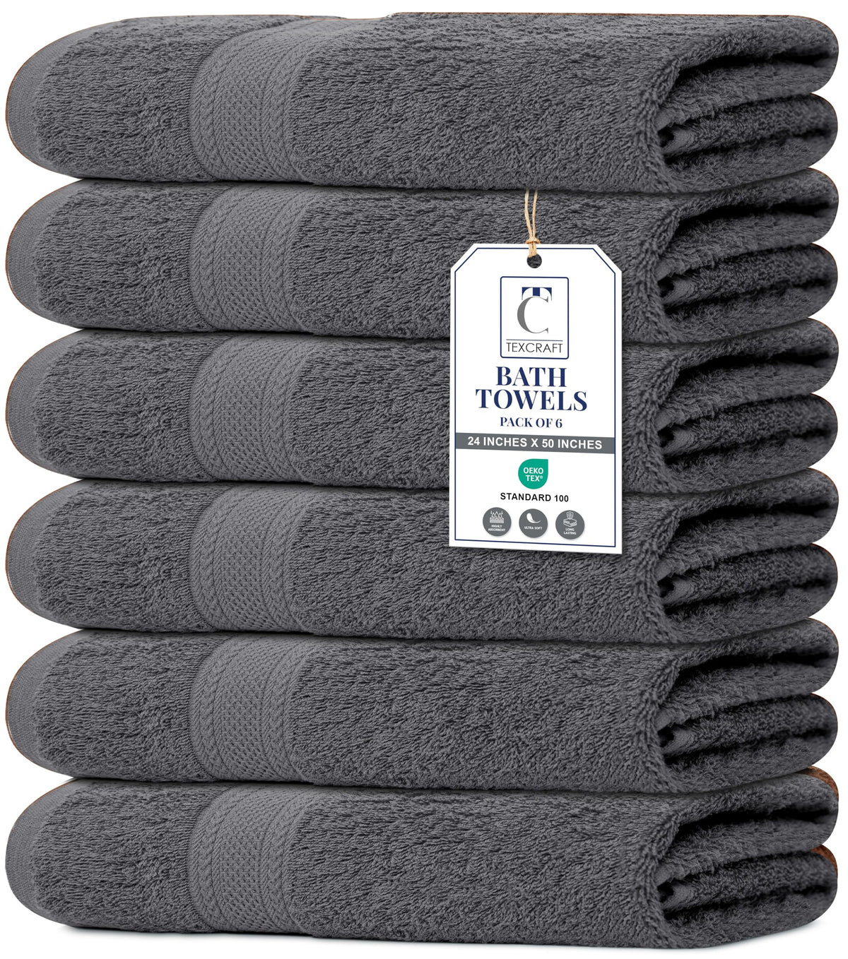 TexCraft Large Bath Towels set of 6 in charcoal grey with plush terry for everyday drying