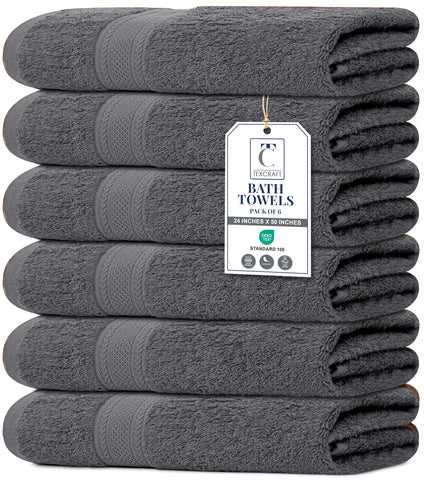 TexCraft Large Bath Towels set of 6 in charcoal grey with plush terry for everyday drying