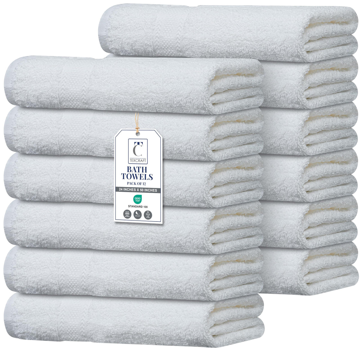 TEXCRAFT bulk-pack white towels, 24x50, ideal for hotels and spas.