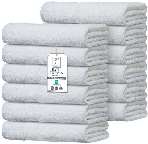 TEXCRAFT bulk-pack white towels, 24x50, ideal for hotels and spas.